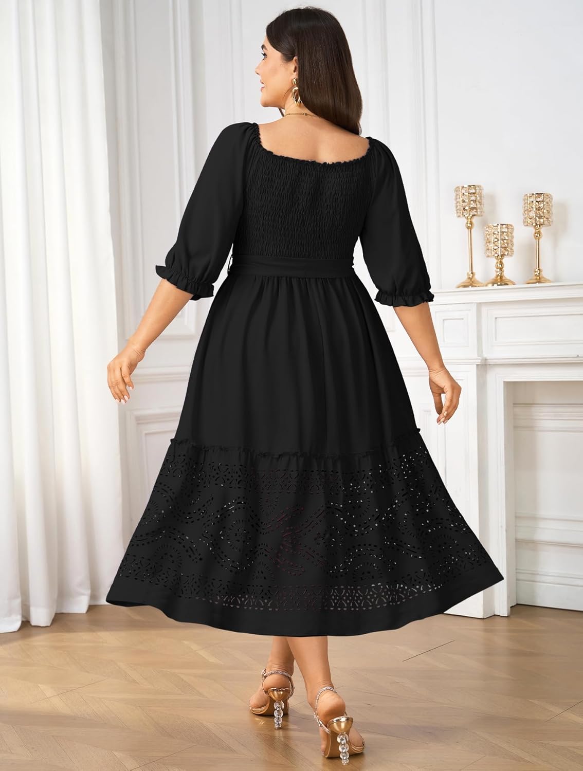 Women's Plus Size Wedding Guest Dress 3/4 Sleeve Square Neck Smocked Empire Waist Tie Boho Eyelet Maxi Long Dresses - Image 5