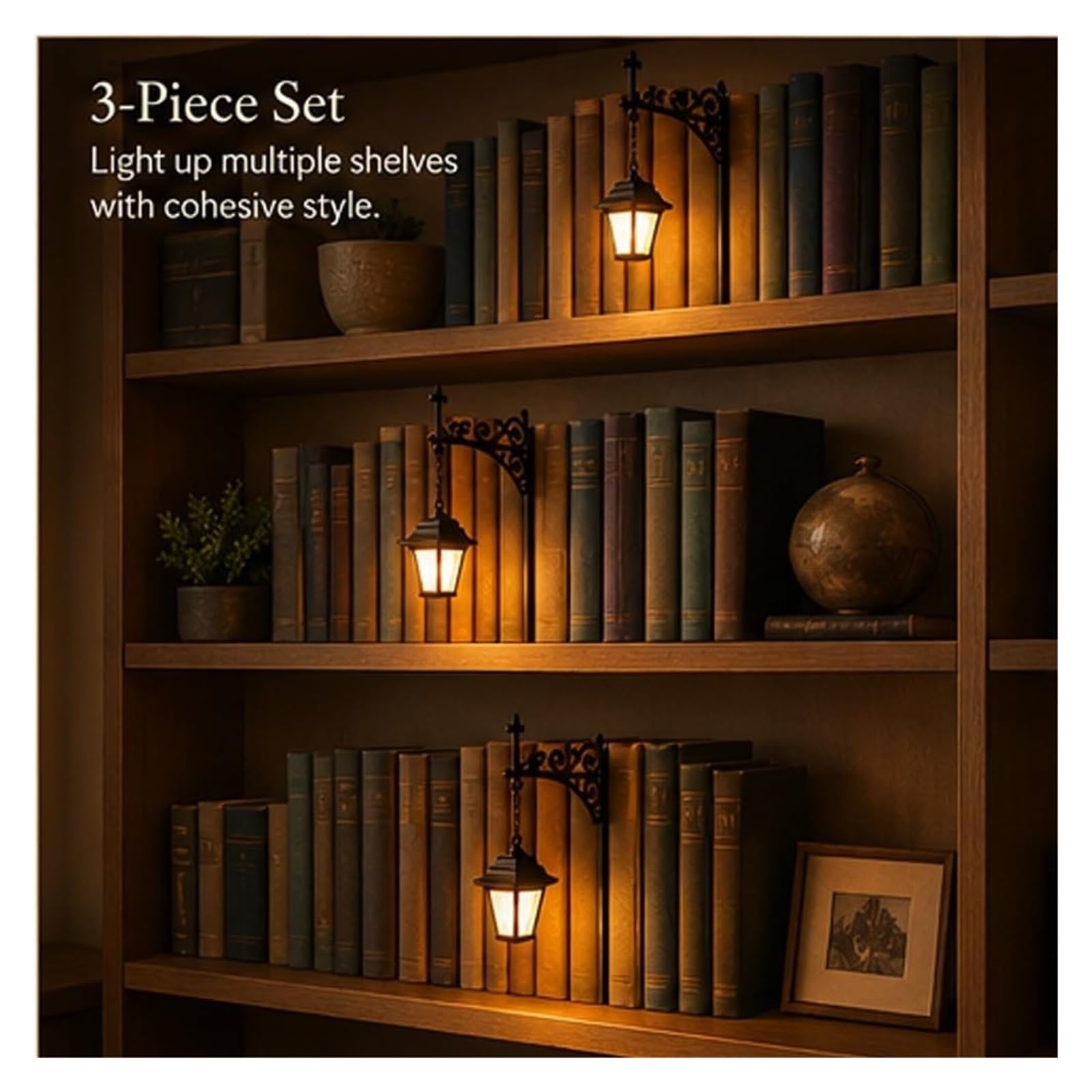 Lanterna da biblioteca Lampada da scaffale a LED in legno vintage, calda lampada da mini angolo di lettura, regalo for gli amanti dei libri(3Pcs)