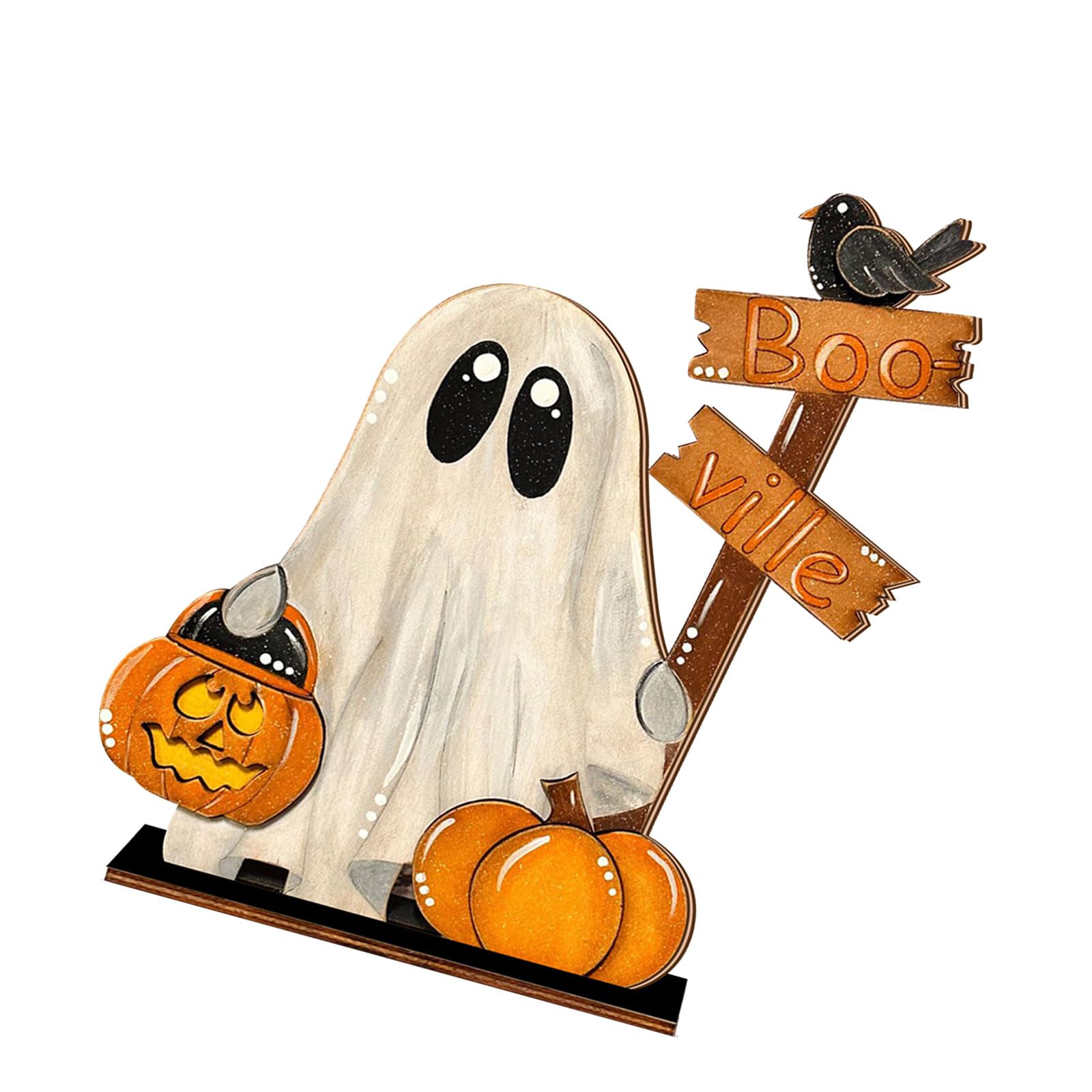 Kalttoy Wooden Pumpkin Ghostly Table Sign Halloween Decoration Wood Ornament for Mantels Tabletop Shelf Home Party Decoration Wooden Ghostly Figurine Ornament Halloween Desktop Wood Sign