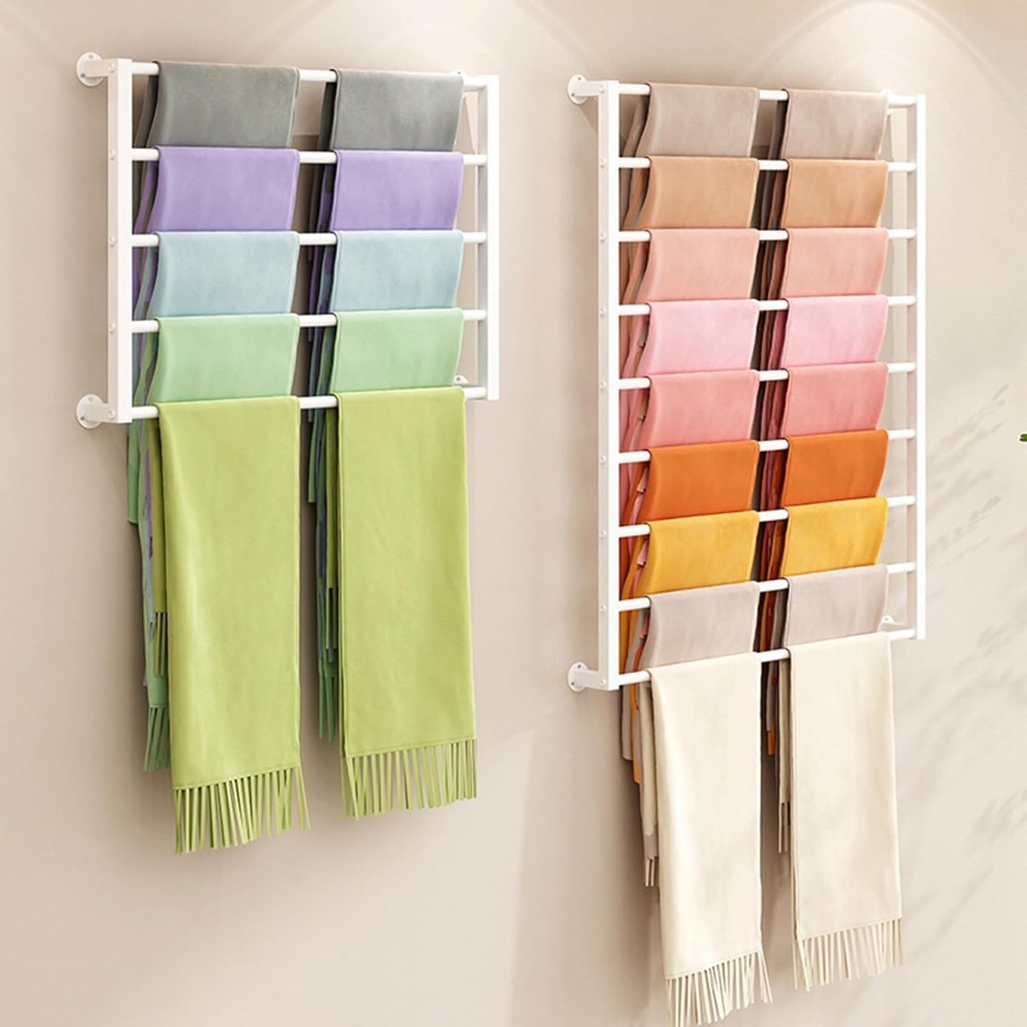 Customize what you need Wall Mounted Scarf Rack, Ties Silk Scarves Towels Storage Multifunctional Metal Rack, Space-Saving Wrapping Paper Organizer Ribbon Holde(White 120x60cm)