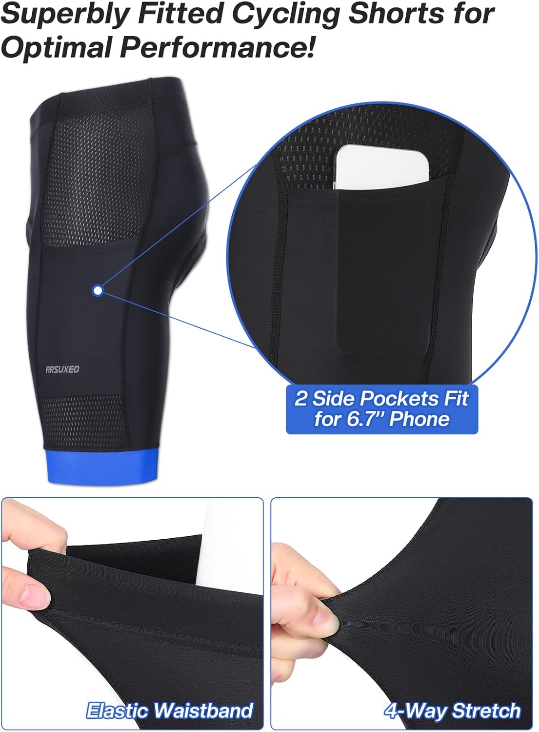 ARSUXEO 4D Padded Bike Shorts for Men Cycling Shorts with Phone Pockets Bicycle Biking Shorts - Image 4