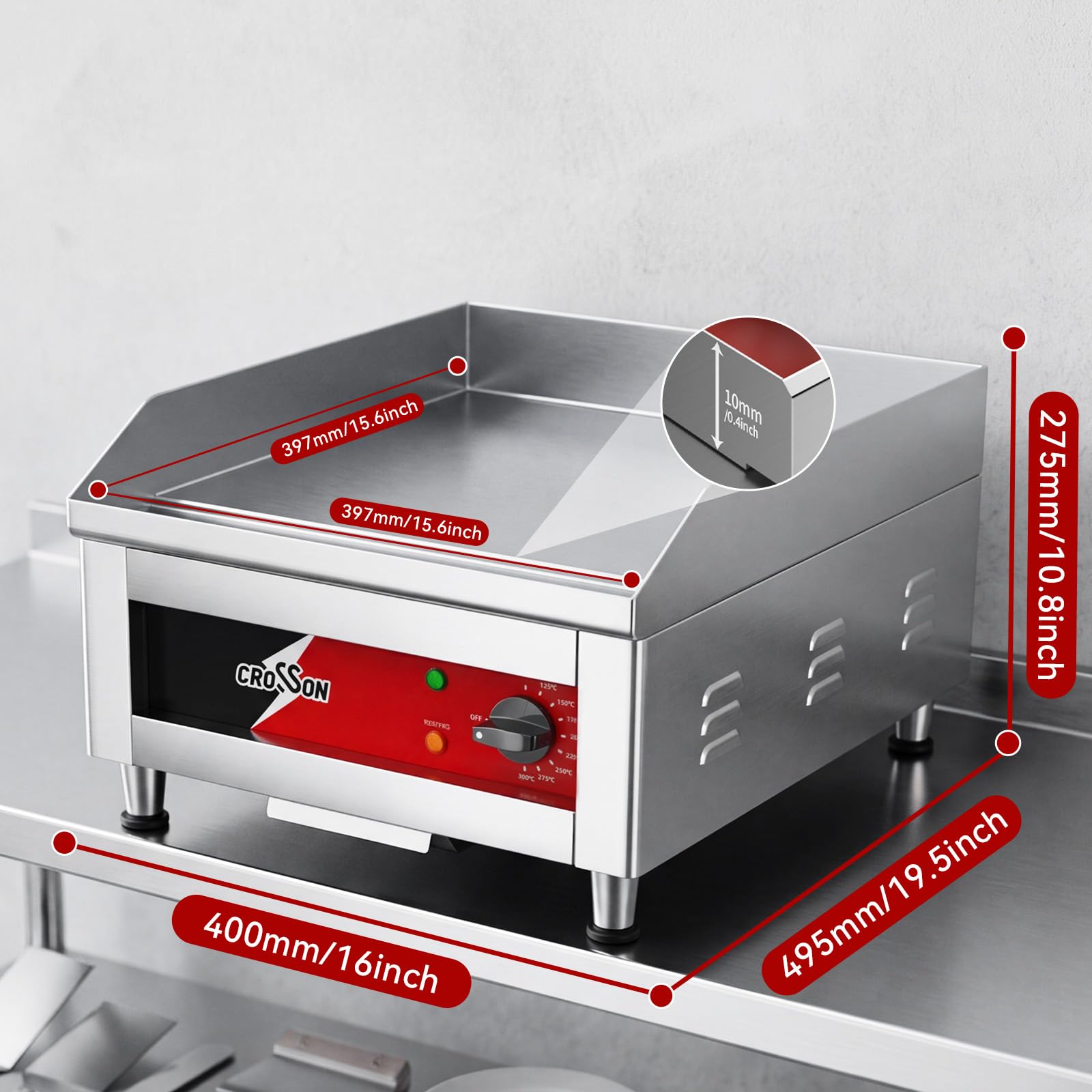 CROSSON 40 * 40CM Plaque chauffante électrique commerciale, gril plat avec plaque de cuisson en fer antiadhésif de 10 mm d’épaisseur pour restaurant et usage domestique -230V/2500W(EG-400C EU)