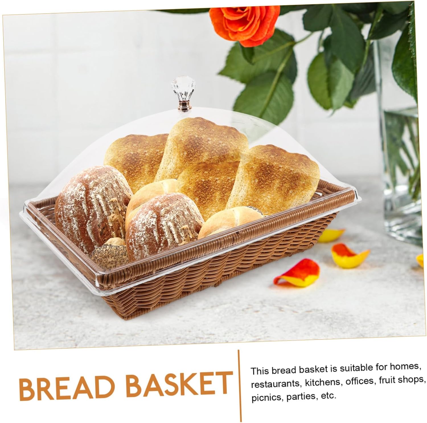 BESTOYARD Medium Woven Bread Basket with Lid Imitation Rattan Food Storage Basket for Fruits and Snacks Handle Design for Kitchen Counter and Party Serving