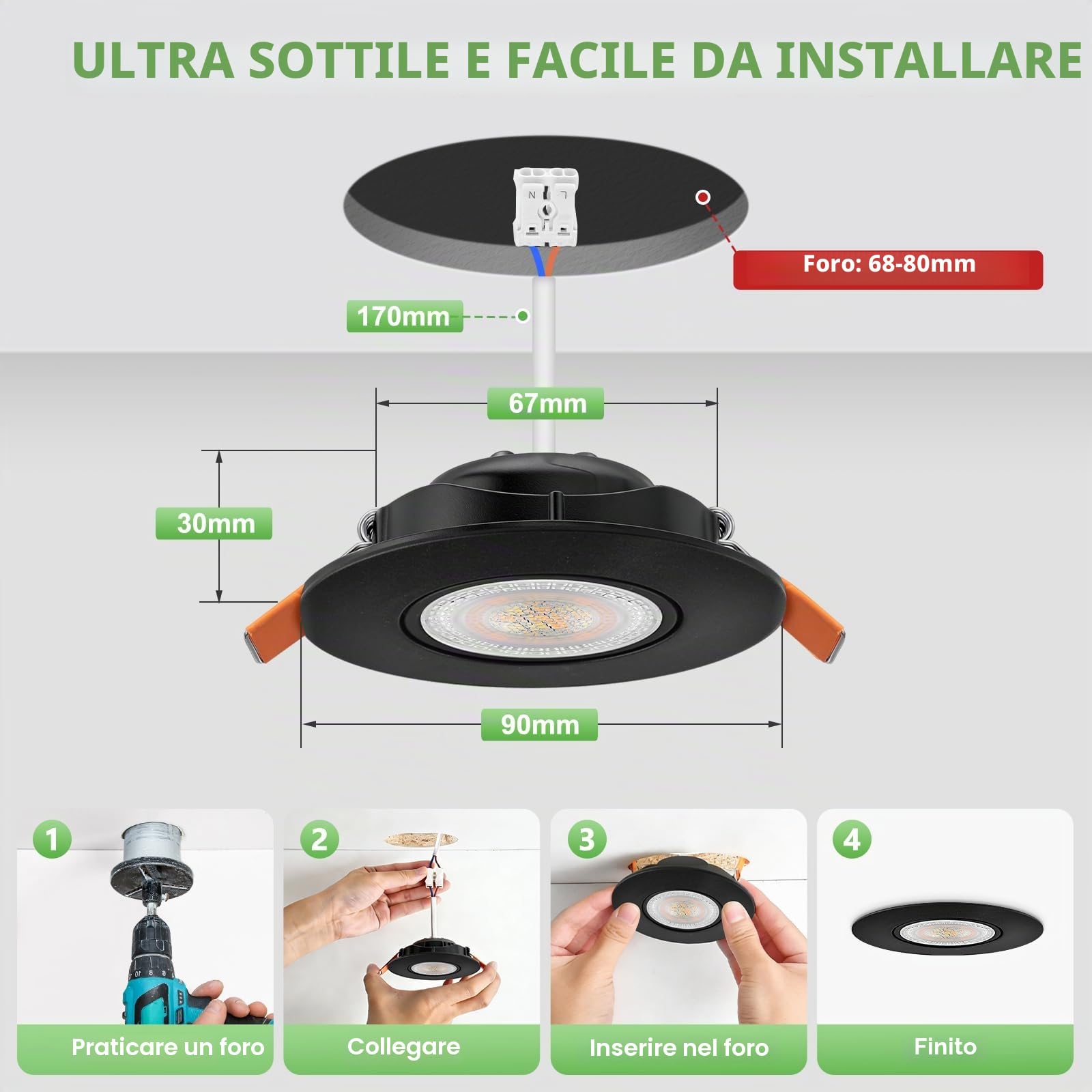 YindaLux Faretto LED da incasso 230V Dimmerabile 5W IP44 Ultrasottile, Foro incasso 68-80 mm, 3000K/4000K/6000K, Orientabile 45°, Faretti da soffitto per Bagno Cucina Nero, Set da 6