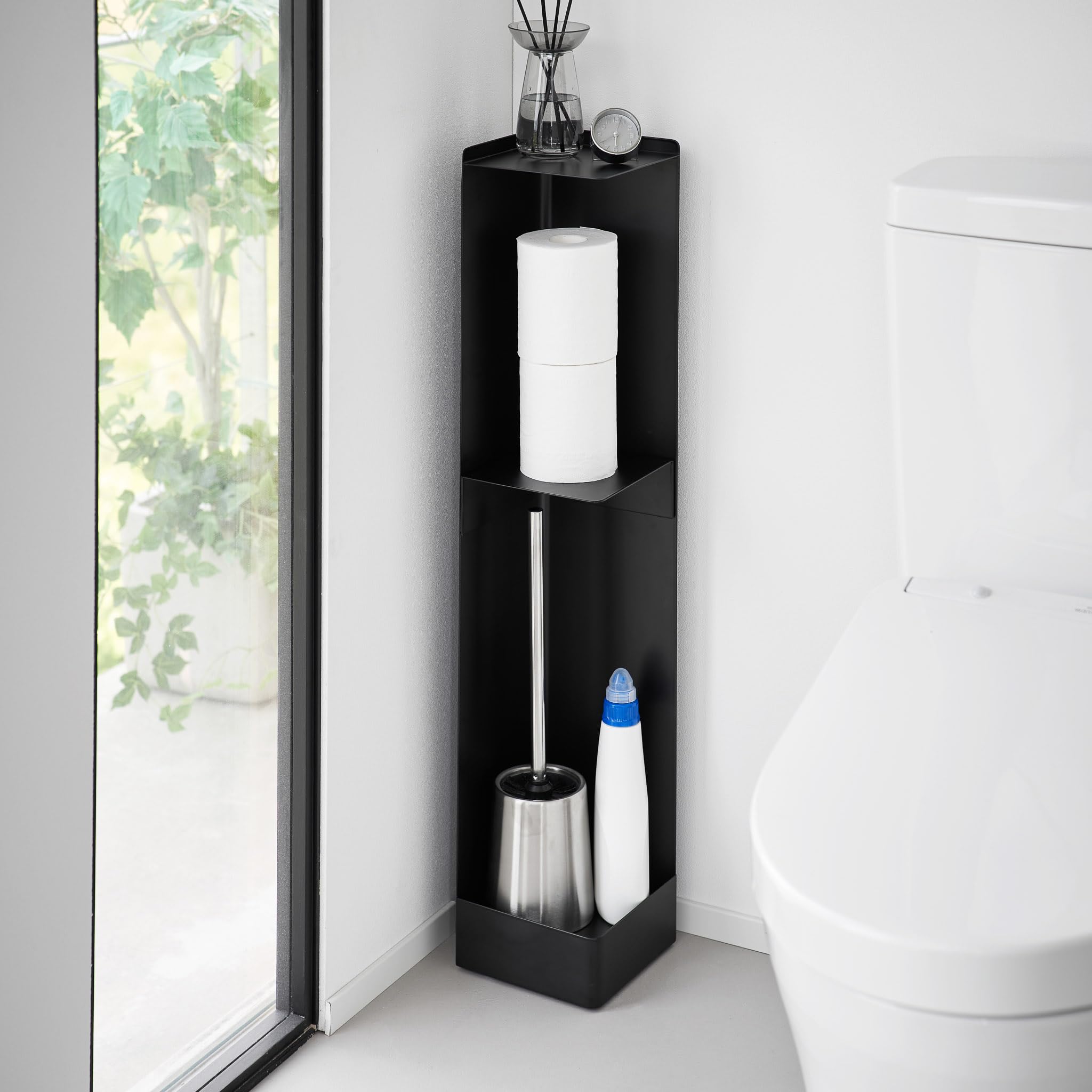 Yamazaki 1490 Tower Toilettenpapierhalter mit Rollen, schwarz, Stahl/Magnet, minimalistisch, 16 x 16 x 80,5 cm