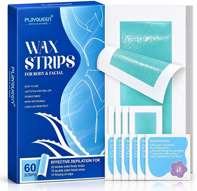 PLAYQUEEN Kit de tiras de cera fria para depilação facial e corporal, 60 unidades