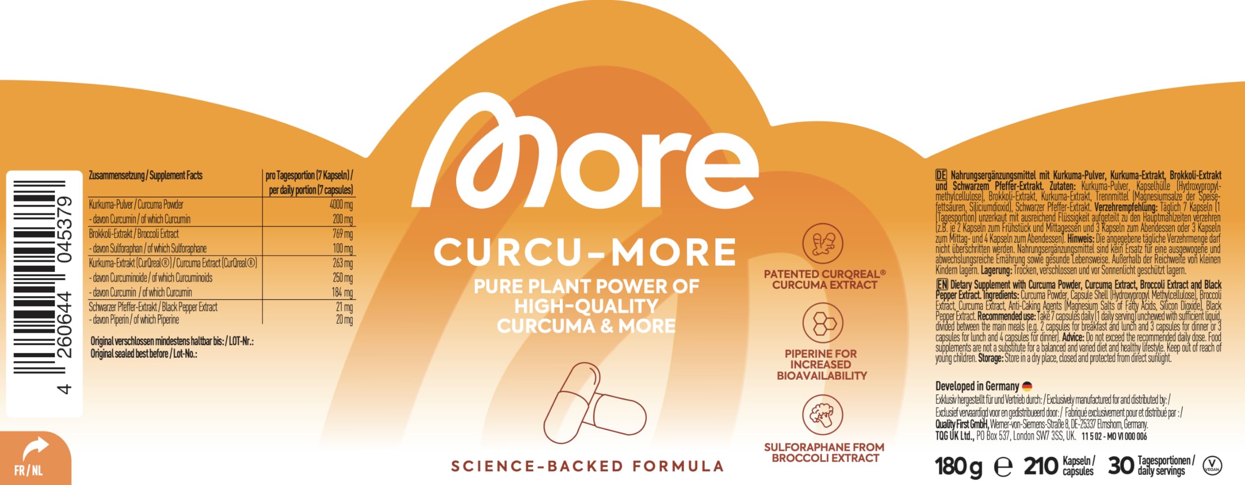 MORE Curcumore, 180 g - 210 Kurkuma Kapseln mit Curcuminoiden, Sulforaphan und Piperin, mit Biotin, vegan (Design kann variieren)