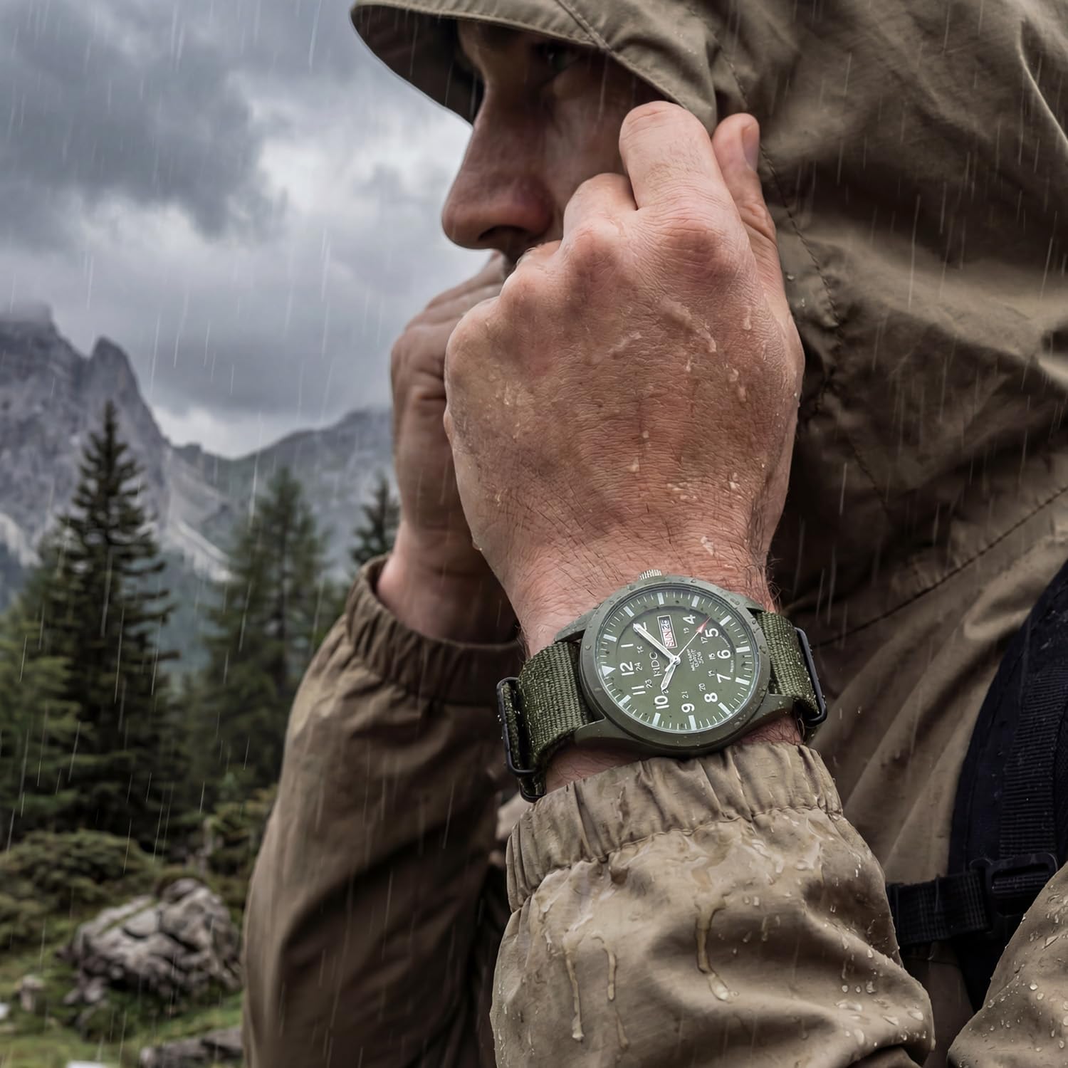 Infantry Mens Military Watch, Vietnam Style Field Watches for Men, Tactical 12/24H Military Time Analog Watch, Waterproof Day Date Quartz Wristwatch w/Green Nylon Band, Work Watch for Man