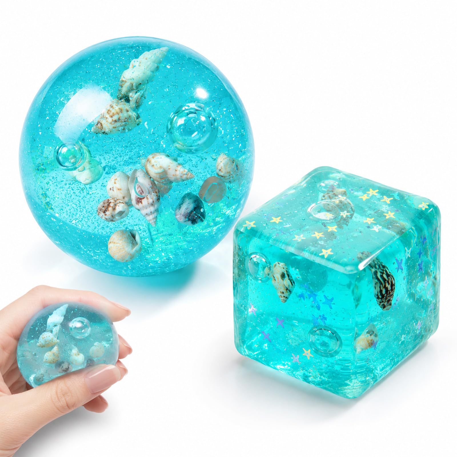 2 PCS Ocean-Themed Squishy Figures, Ball and Cube Shaped Decorative Set, Cute Desk Ornaments for Home, Office, Shelf and Display Collection