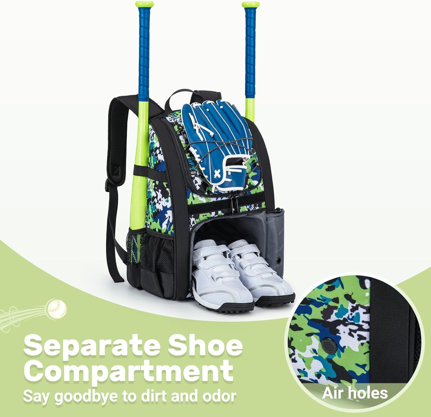 Youth Baseball Bag, Softball Bag for Girls & Boys, Kids Tball Backpack with Shoes Compartment - Image 2