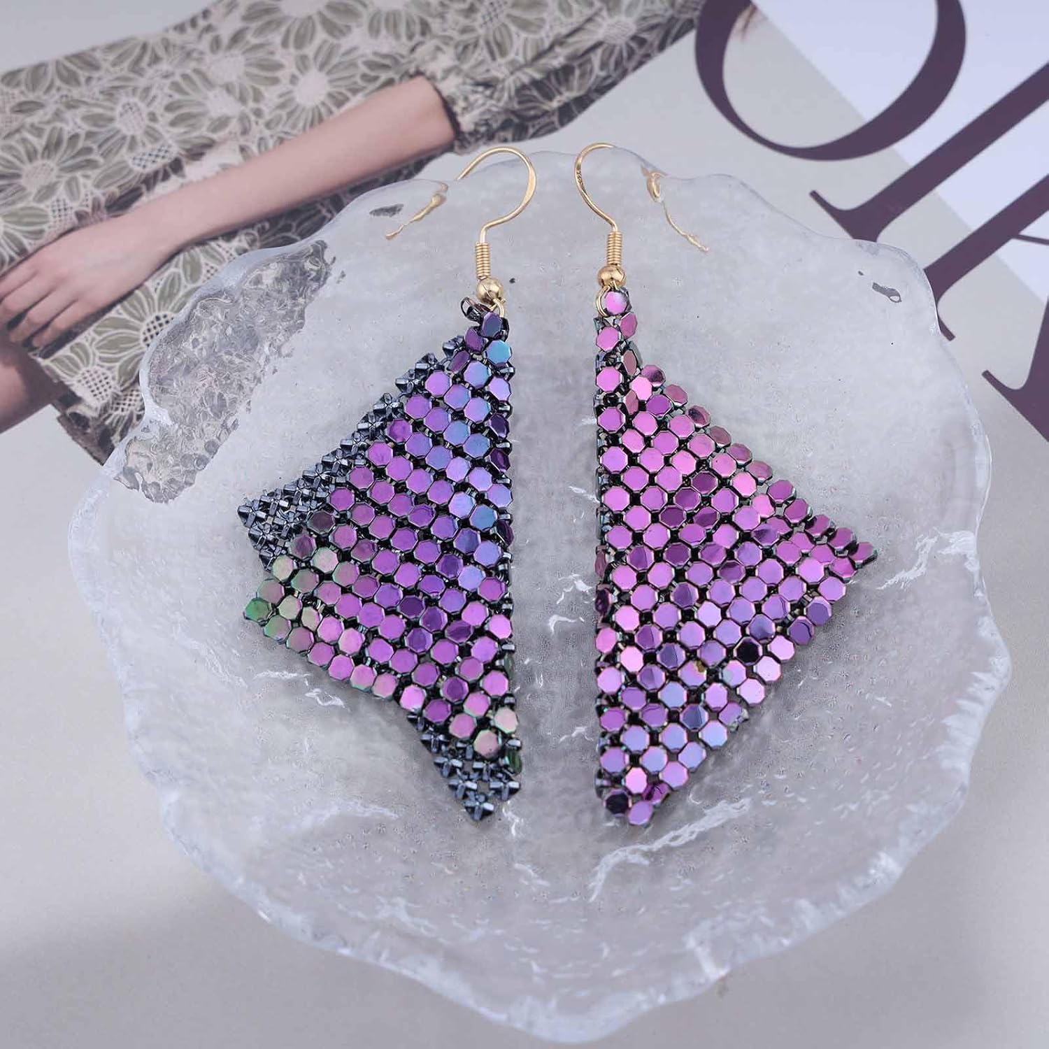 Vintage Metal Mesh Earrings Grid Sequins Dangle Earrings Lightweight Mesh Hook Earrings Purple Long Tassel Sequins Drop Earrings for Women - Image 3