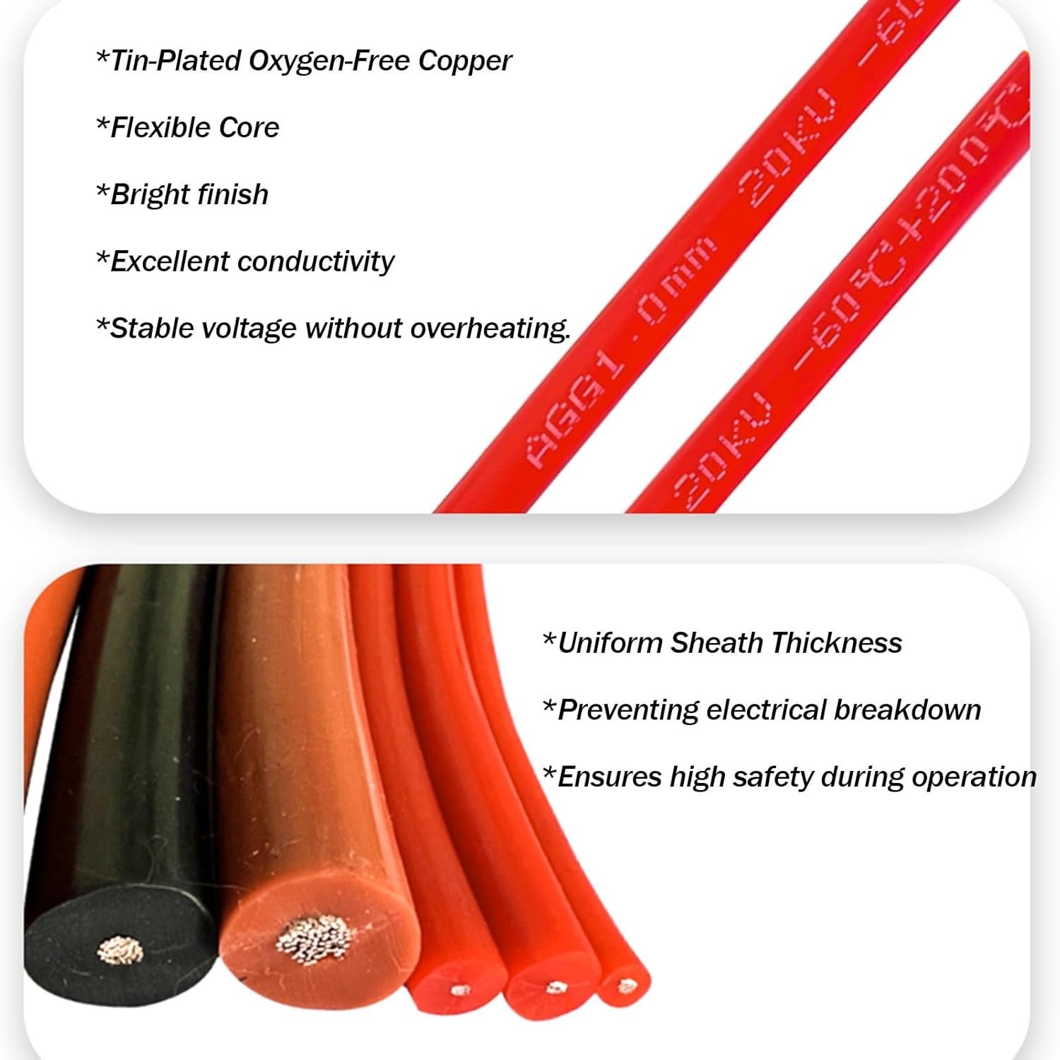 5KV-30KV High Voltage Flexible Silicone Wire, 8-16 Gauge Tinned Copper Cable, -76-392°F DC Ignition Wire, Heat Resistant Cable for Motor Power Equipment, Electrical Cabinet(4.0mm²(10AWG),5KV)