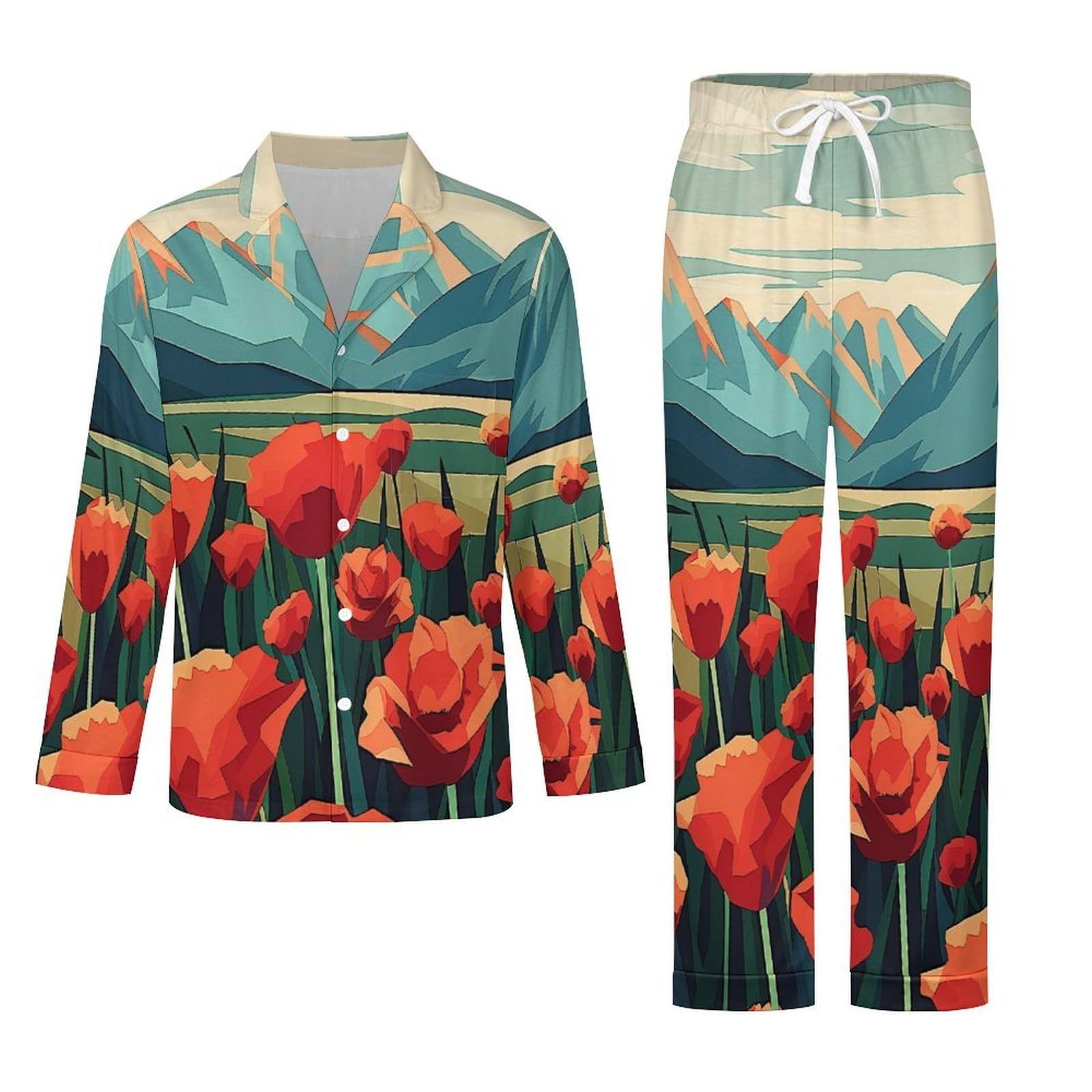 OLEETS Completo Pigiama da Uomo - Fiori Rossi Pigiama Invernale Pantaloni Top Caldo Autunnale Traspirante Morbido 2 Pezzi Casual Ampio