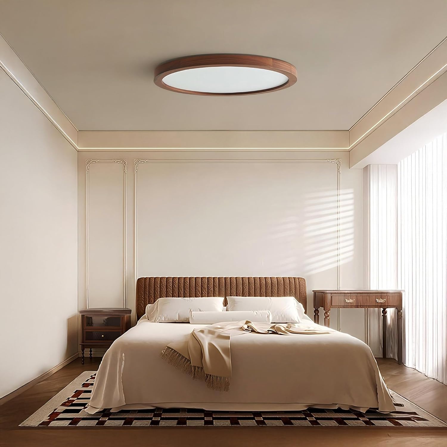 Ultra-Thin LED Ceiling Light Fixture 16.53", Handcrafted Walnut Wood Modern Wabi-Sabi Style, Slim 2.5cm Profile, 37W LED 3000K-4000K-6000K, Round Minimalist Lamp for Bedroom Kitchen Hallway