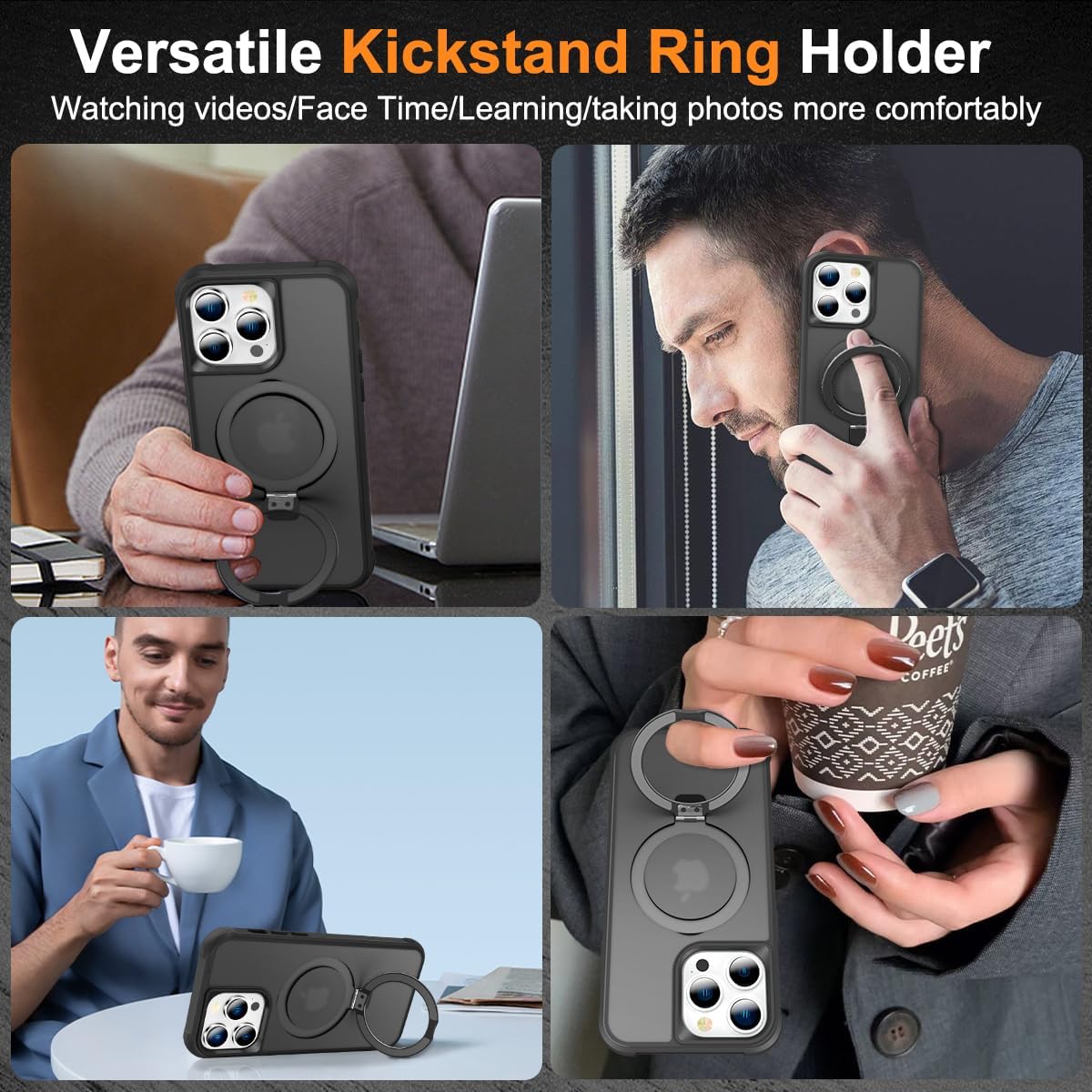 Compatible with iPhone 12/12 Pro with Magnetic Invisible Ring Kickstand Compatible with MagSafe Lightweight and Translucent Matte Back Shockproof Protective Case Men Women Black