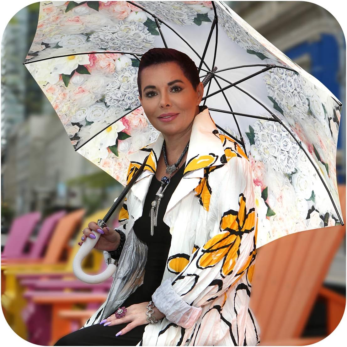 Large Windproof White Roses Floral Umbrella - Stick Fashion Umbrella with J Handle for Rain Sun or Wedding