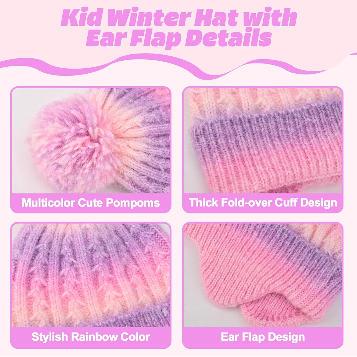 Kid Beanie Knit Hat with Earflap, Warm Winter Knit Hat with Pom, Children Thick Ski Cap for Girl Boy Cuffed Beanie Cap - Image 5