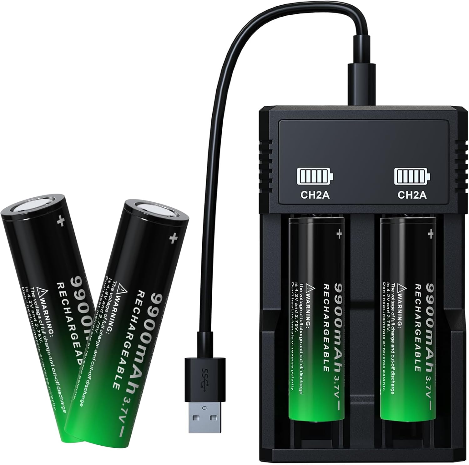 3.7Volt 18650 Rechargeable Battery 9900 mAh Lithium Polymer Ion Batteries for Headlamp,Flashlights,Remote Control and More(Flat Top,4 Pack 18650 Battery+Charger)