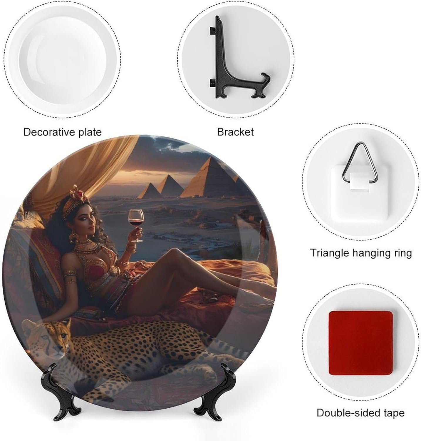 Lady Cheetah Egyptian Pyramids Bone China Decorative Plate with Stand Home Dessert Plates Gift for Men Women 7inch