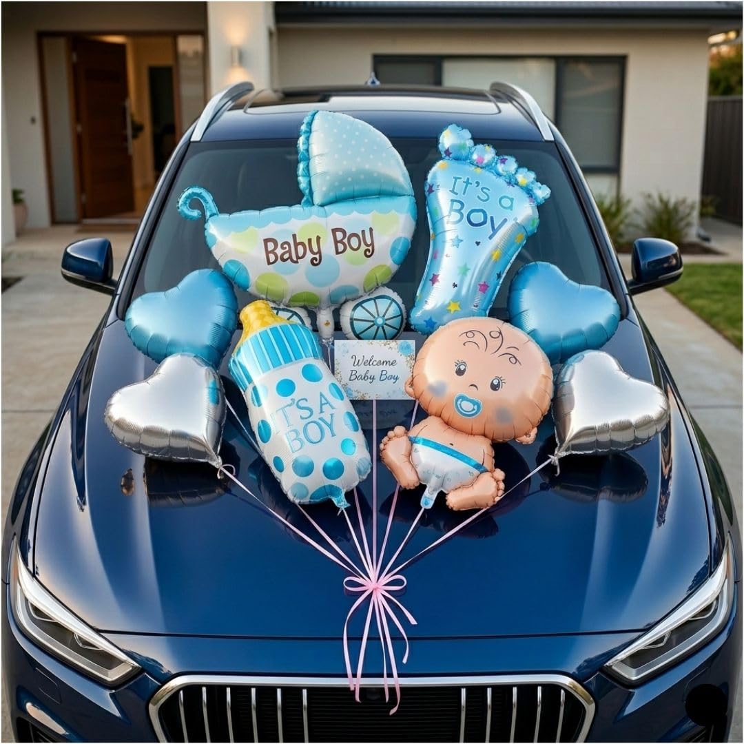 Elite 8 Piece Welcome Baby Boy Car Decoration Kit | 8 Piece Set, Foil Balloons Included, Stroller & Baby Face, Naming Ceremony Decor, Blue & Silver Hearts-image-18