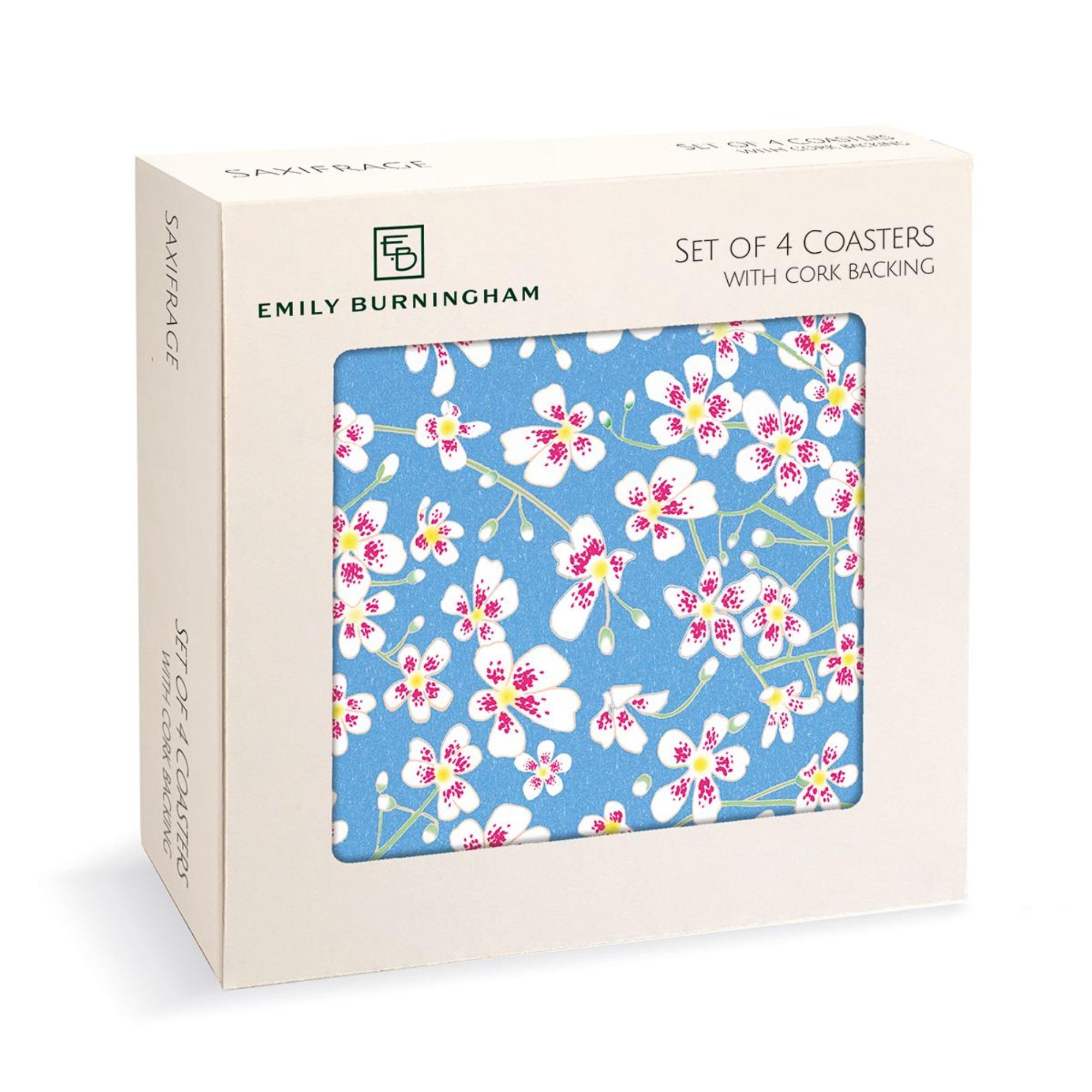 Museums & Galleries Set of 4 Coasters - Emily Burningham 'Saxifrage' Floral Design - Cork Backed - Statement Coasters for the Home