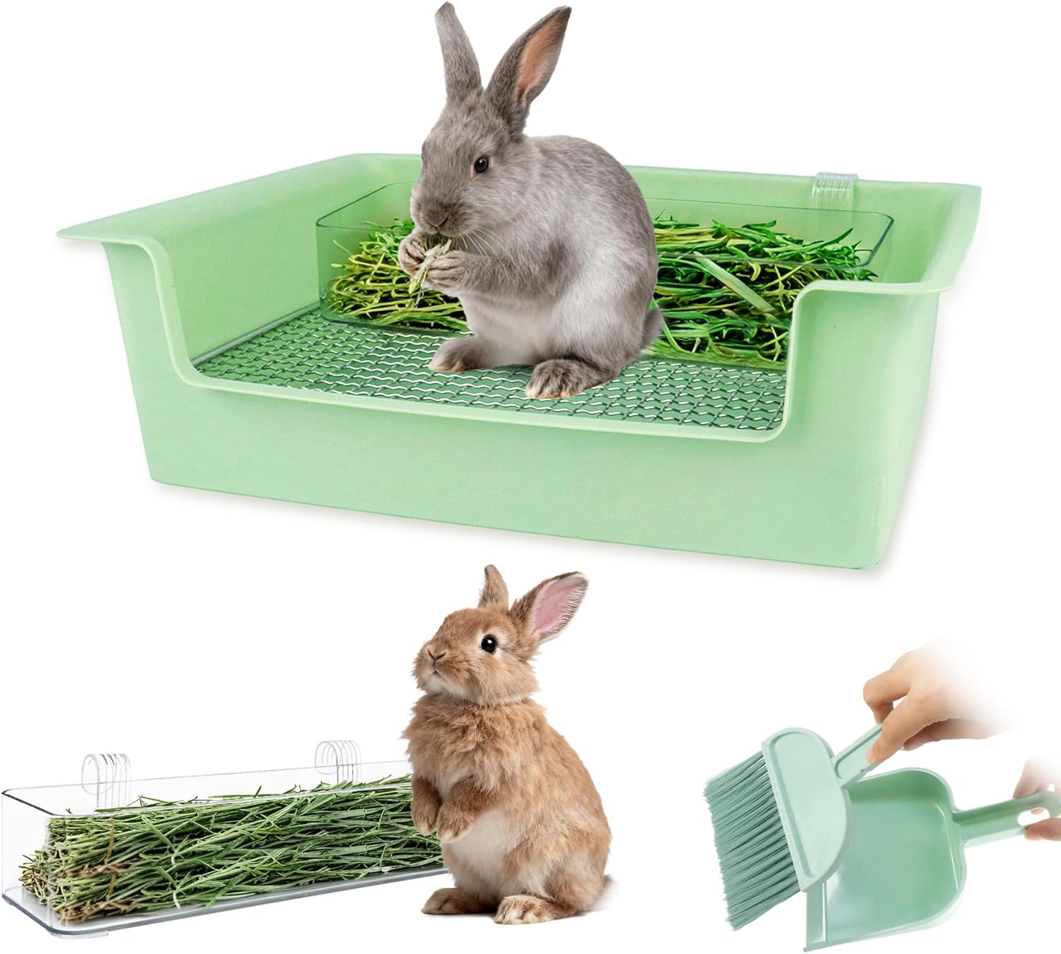 Rabbit Litter Box with Steel Grids, Low Entry Bunny Litter Pan with Hay Feeder & Broom, 15.4x11.2x4.7 inch for Rabbits Guinea Pigs Ferrets Small Animals (Green)