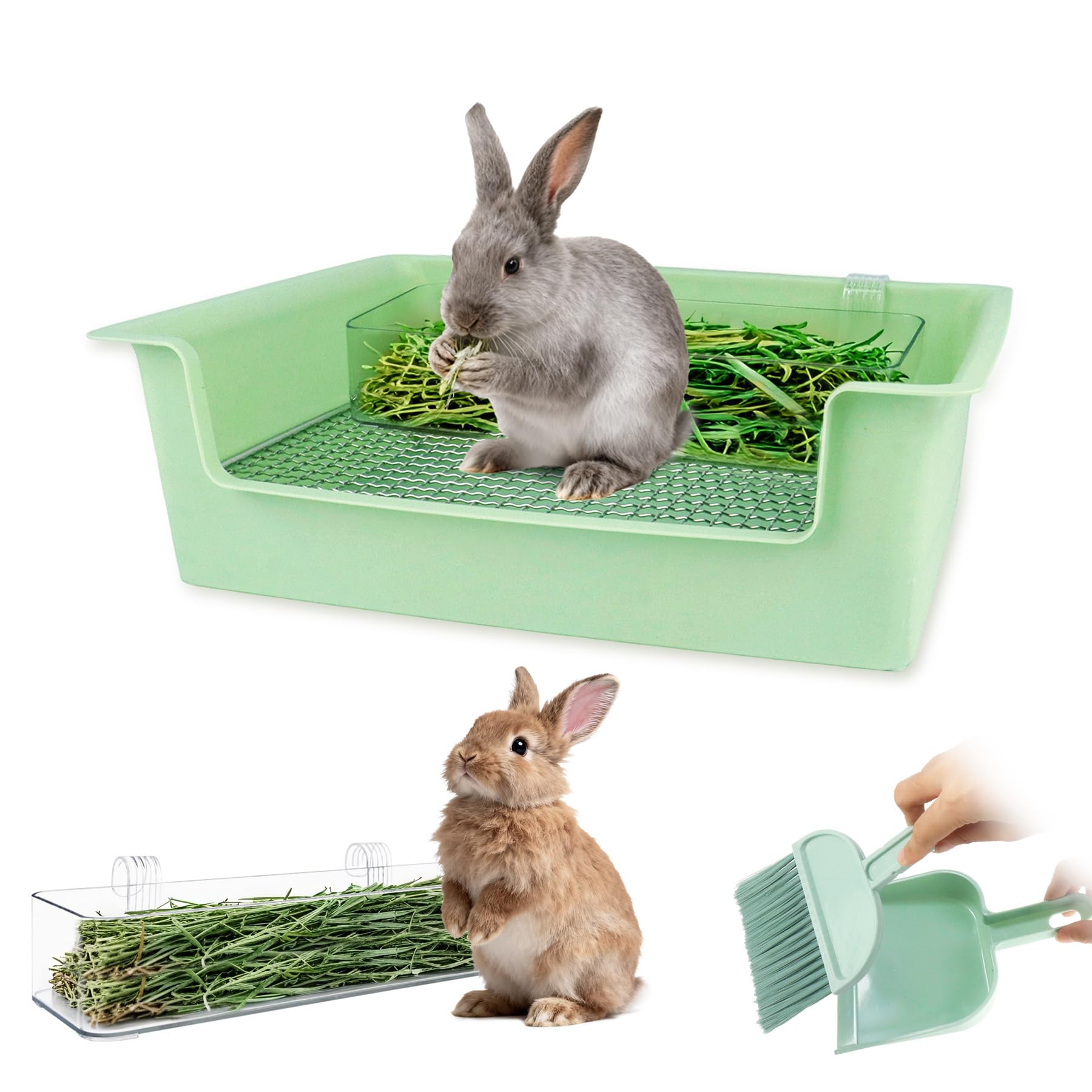 Rabbit Litter Box with Steel Grids, Low Entry Bunny Litter Pan with Hay Feeder & Broom, 15.4x11.2x4.7 inch for Rabbits Guinea Pigs Ferrets Small Animals (Green)