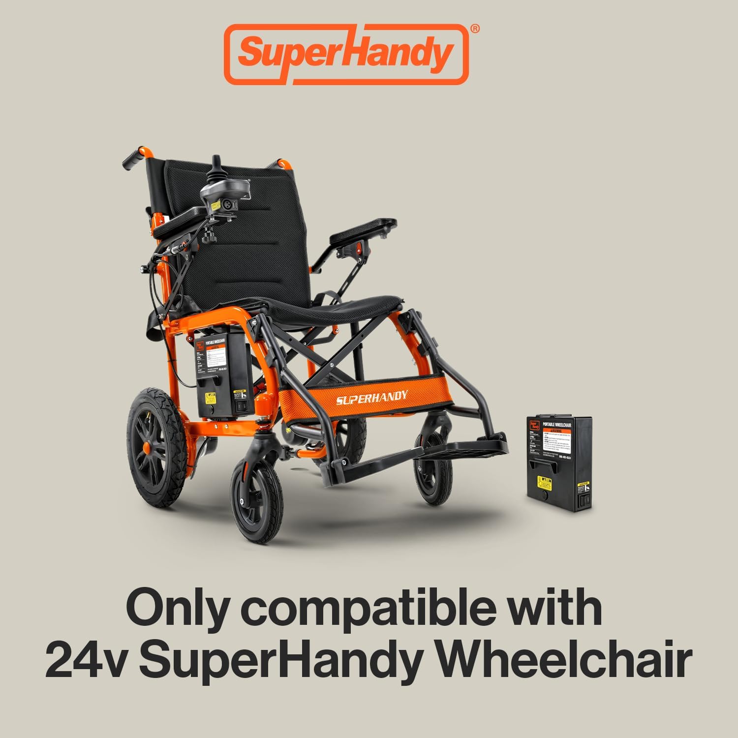 SuperHandy 24V 6Ah Lithium Wheelchair Replacement Battery next to a SuperHandy wheelchair, indicating compatibility.