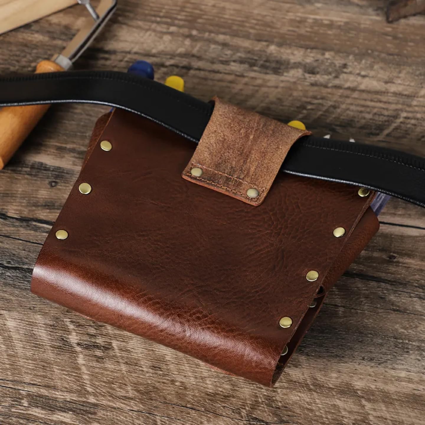 DICASTONE Vintage Leather Tool Holder, Brown Genuine Leather Organizer Pouch with Rivets, Professional Multi-Pocket Storage Holster for Screwdrivers and Hand Tools 1