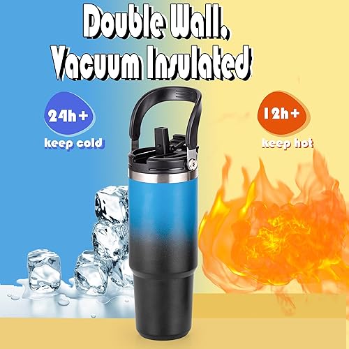 Miniatura 2 de Botellas de agua de 32 onzas con popote y asa grande, paquete de 2, vasos aislados a granel, tapa de doble uso, cabe en cualquier portavasos de