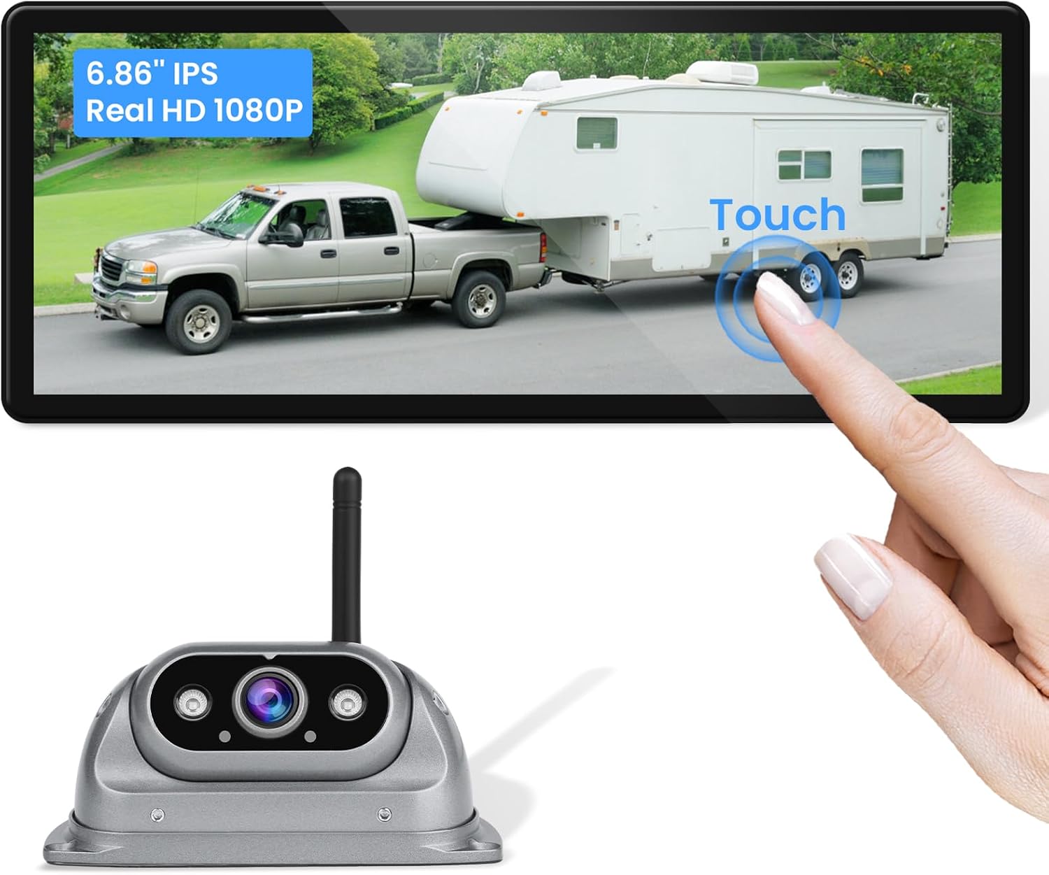 RV Wireless Backup Camera Easy Install: Plug & Play for Furrion Pre-Wired RVs-6.86'' 1080P IPS HD Touch Screen No Delay,IP69K Waterproof Night Vision Back Up Camera for Trailer,Camper,5th Wheel,Truck