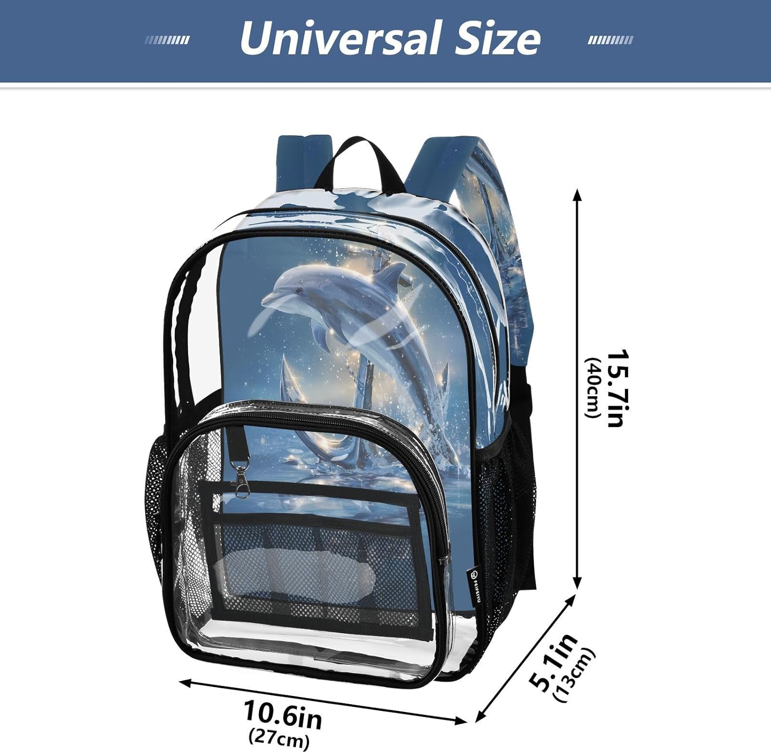Dolphin Anchor Ocean Sea Clear Backpack Heavy Duty See Through Transparent PVC BookBag for Kids Boy Girl School Work