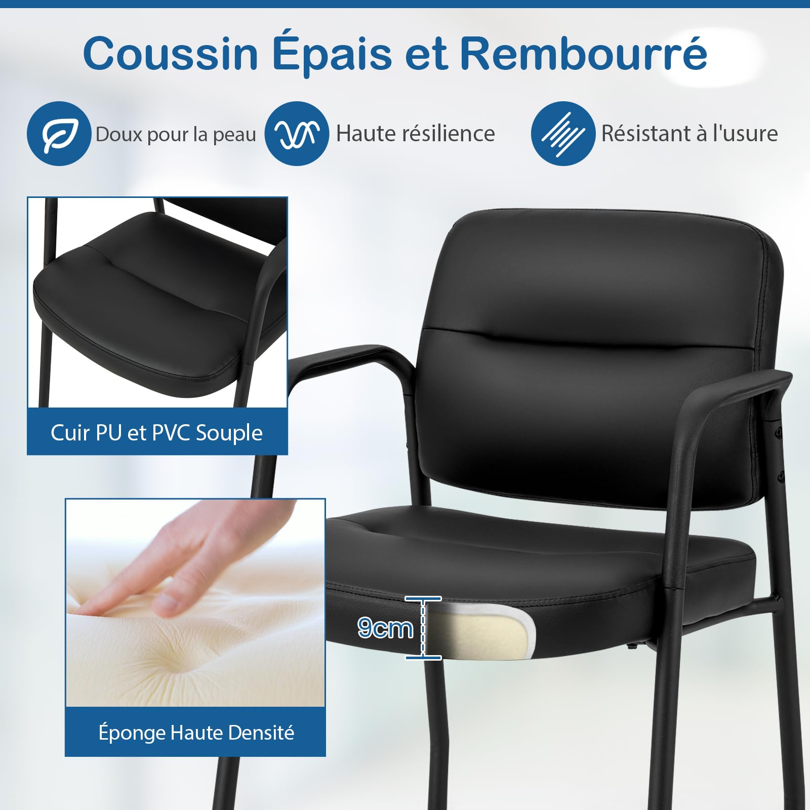 GIANTEX Lot de 2 Chaises de Salle d'attente sans roulettes, Chaises Rembourrées en Cuir PU avec Accoudoirs Intégrés, Ergonomiques, Fauteuil Lecture pour Conférence, Réception, Bureau, Noir