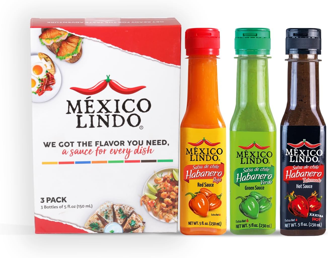Mexico Lindo Hot Sauce Variety Pack | Includes 1 Bottles Each of Red Habanero + Green Habanero + Xxxtra Hot | 5 Fl Oz Bottles (Pack of 3)
