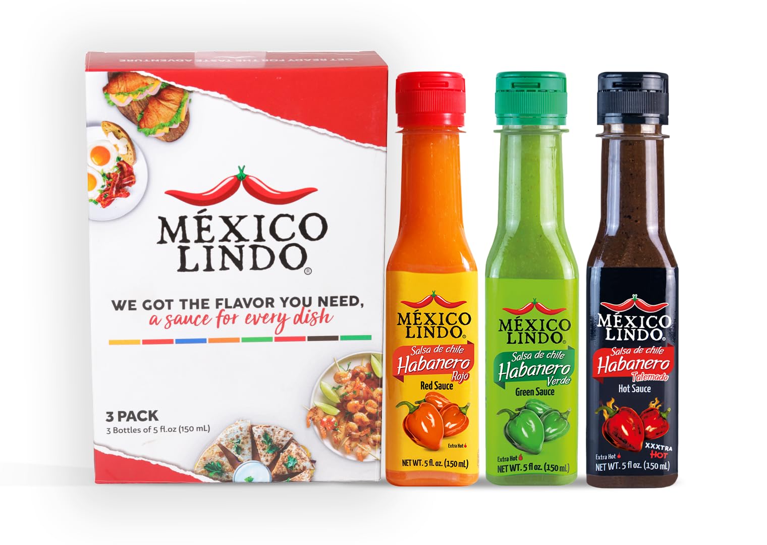 Mexico Lindo Hot Sauce Variety Pack | Includes 1 Bottles Each of Red Habanero + Green Habanero + Xxxtra Hot | 5 Fl Oz Bottles (Pack of 3)