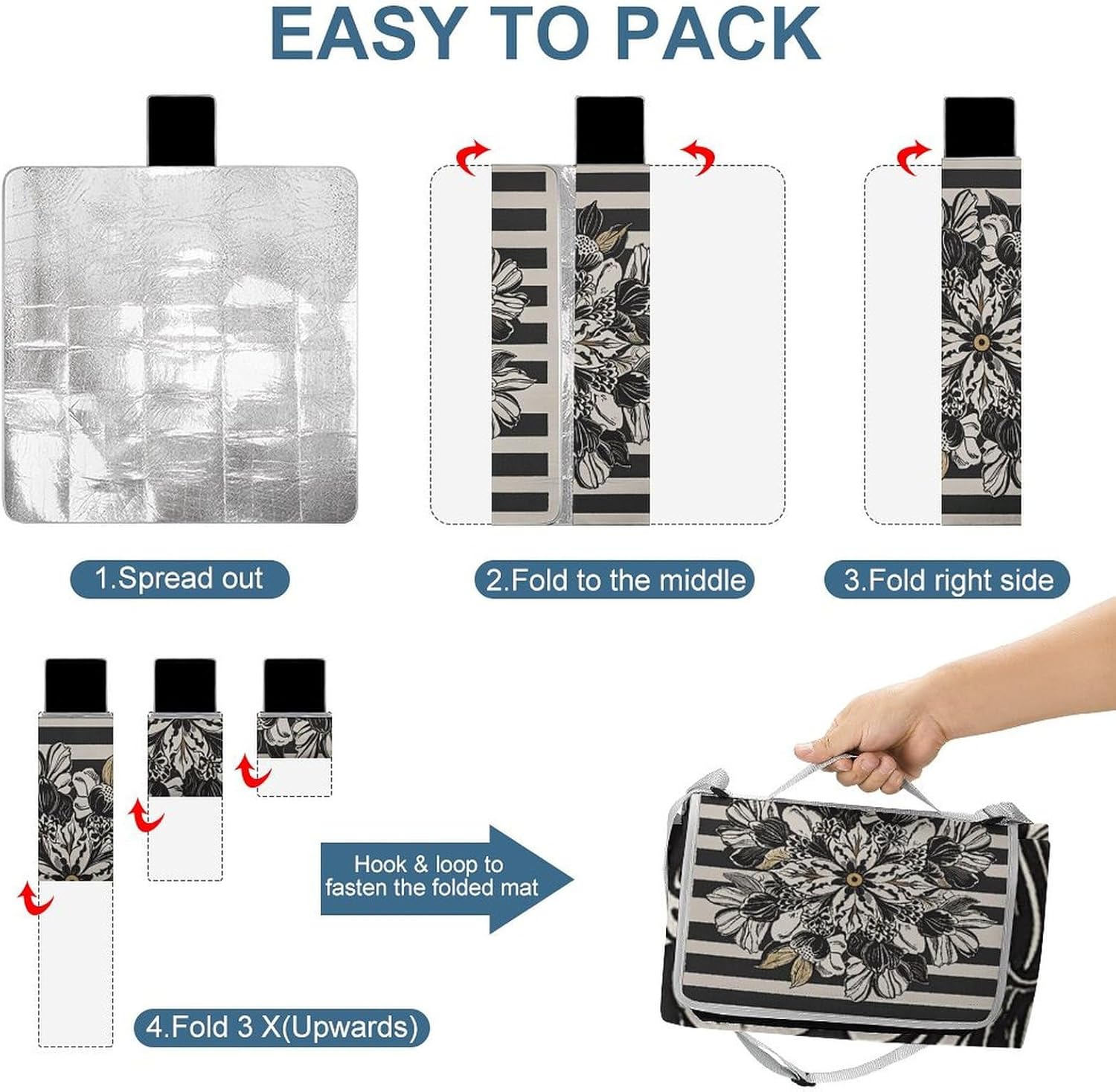 Outdoor Picnic Blanket Extra Large Beach Blanket Waterproof Picnic Mat Black White Striped Flowers Camping Blanket Portable with Carry Strap Park Blanket for Grass Camping Park