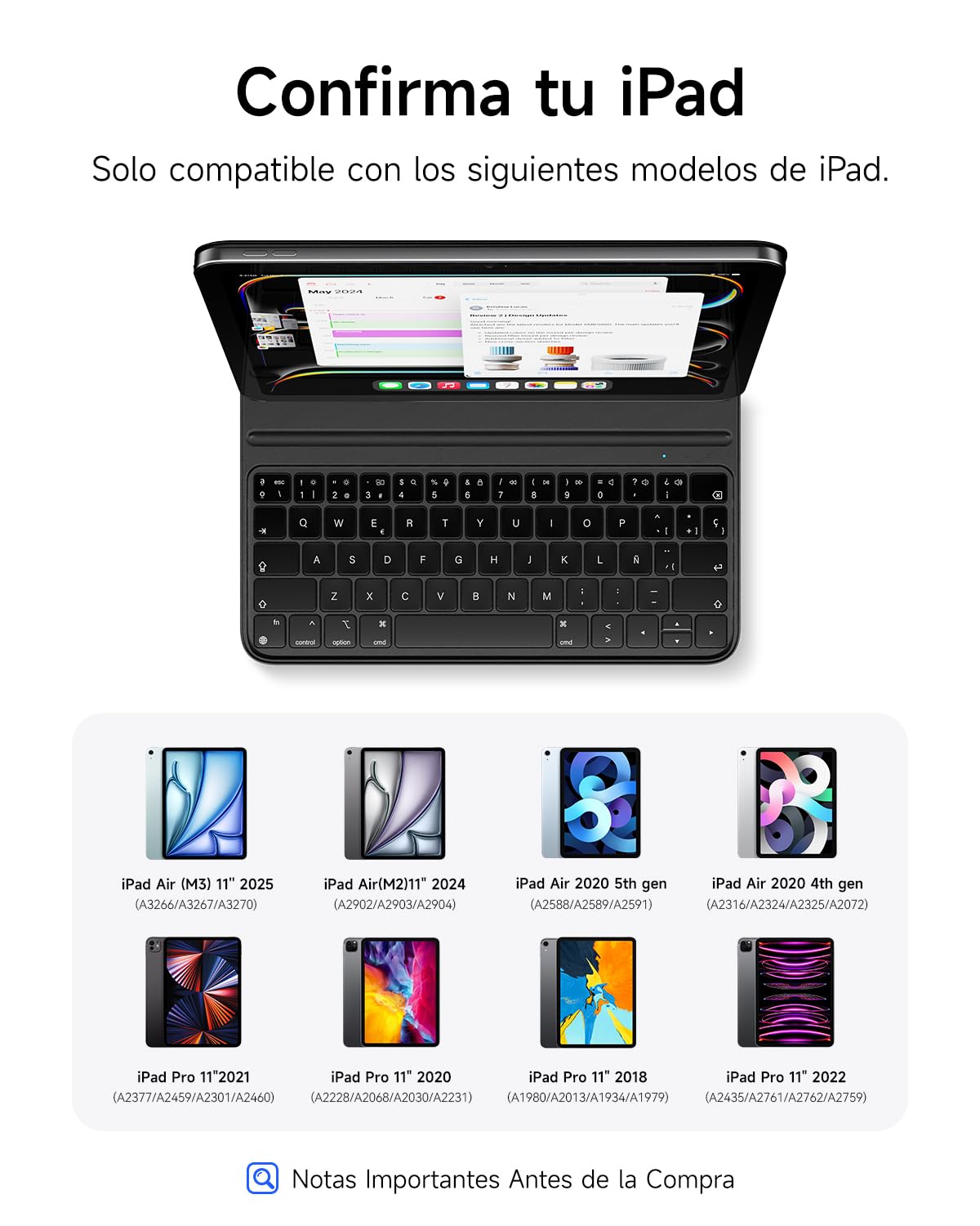 HOU Teclado Delgado para iPad Air 6/5/4/Pro 11, Air 11"(M3/M2, 2025/2024), Funda de Imitación de Cuero con Teclado, Ángulo Ergonómico, Diseño del Idioma Español Ñ, Negro