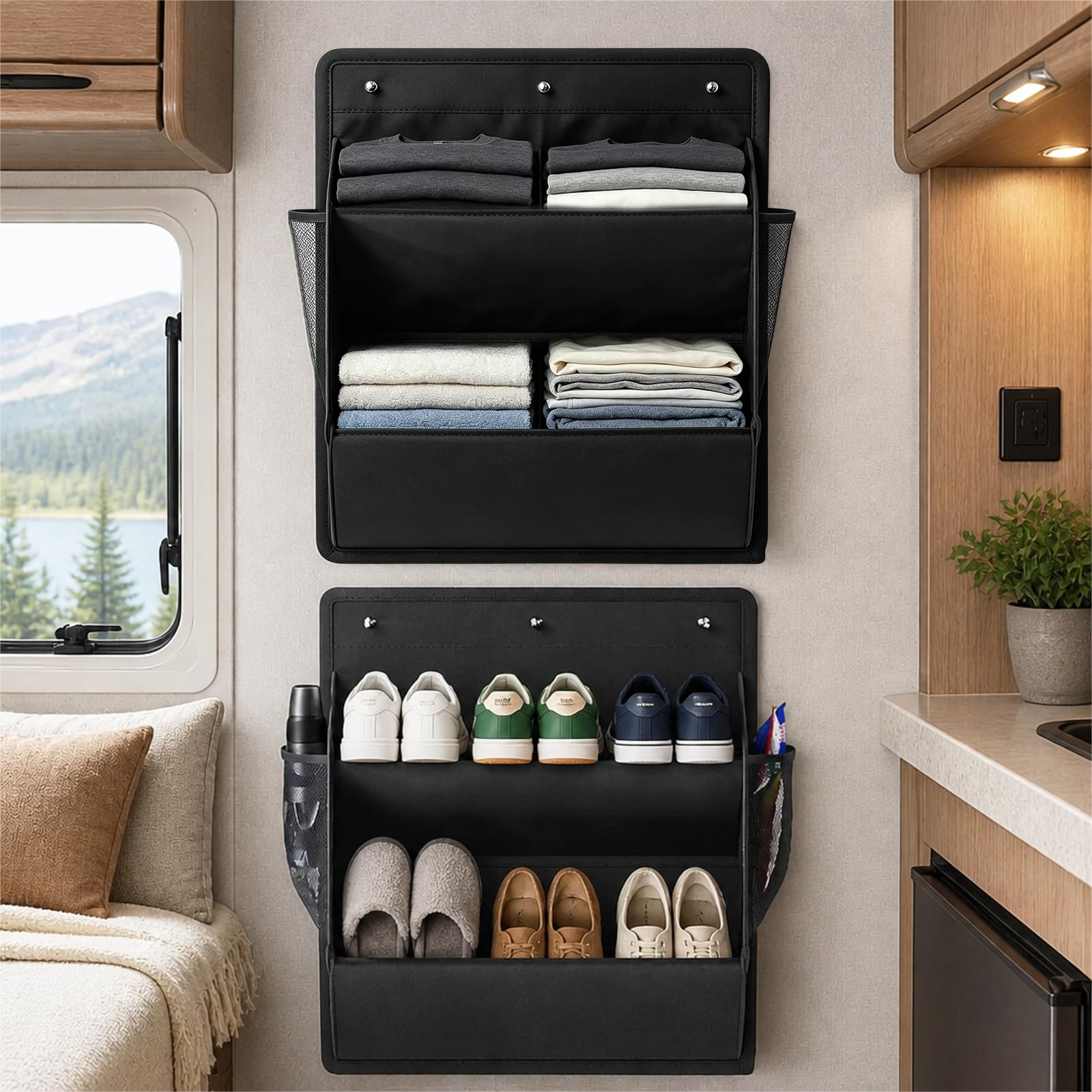 Portascarpe per camper, confezione da 2, organizer per scarpe con strisce adesive | Scarpiera salvaspazio per camper con tasche profonde. Scarpiera stabile, pratico organizer per camper