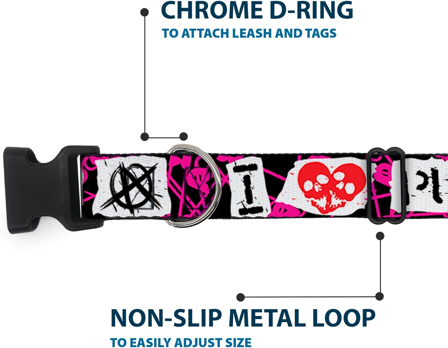 Buckle-Down 13-18" I Heart Punk Rock with Safety Pins Black/Fuchsia/White Plastic Clip Collar, Wide Small