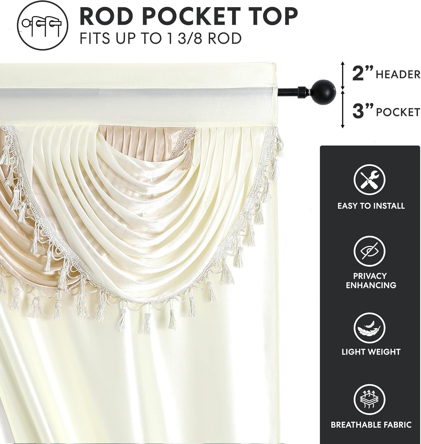 Regal Home Collections Amore Curtains 5-Piece Window Curtain Set - 54-Inch W x63-Inch L Panels with Attached Valance and 2 Tiebacks - Bedroom Curtains and Living Room Curtains (Beige)