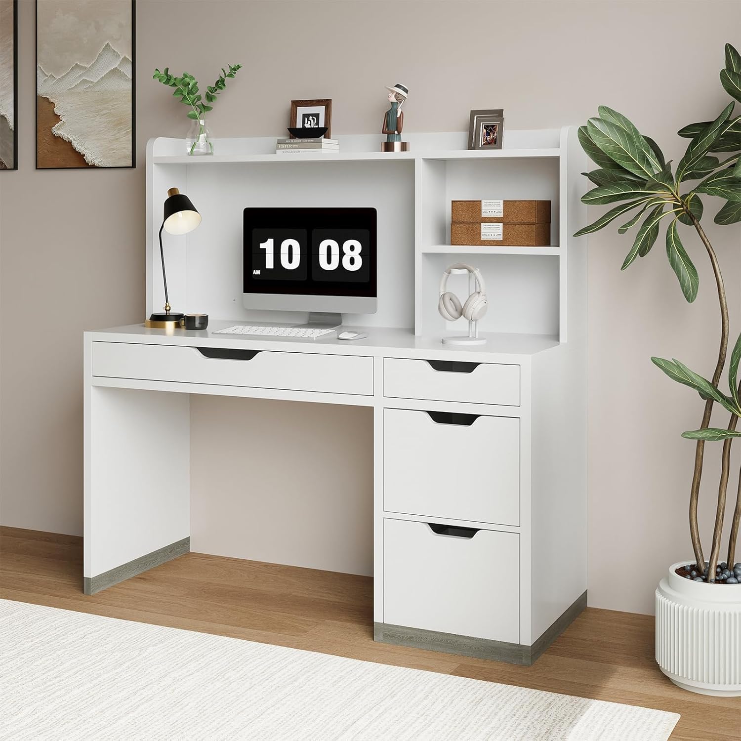 MaverickFurni White Desk with Hutch and Drawers, 53 Inch Computer Desk with Storage File Drawer, White Study Desk with 4 Drawers for Bedroom, Small Space