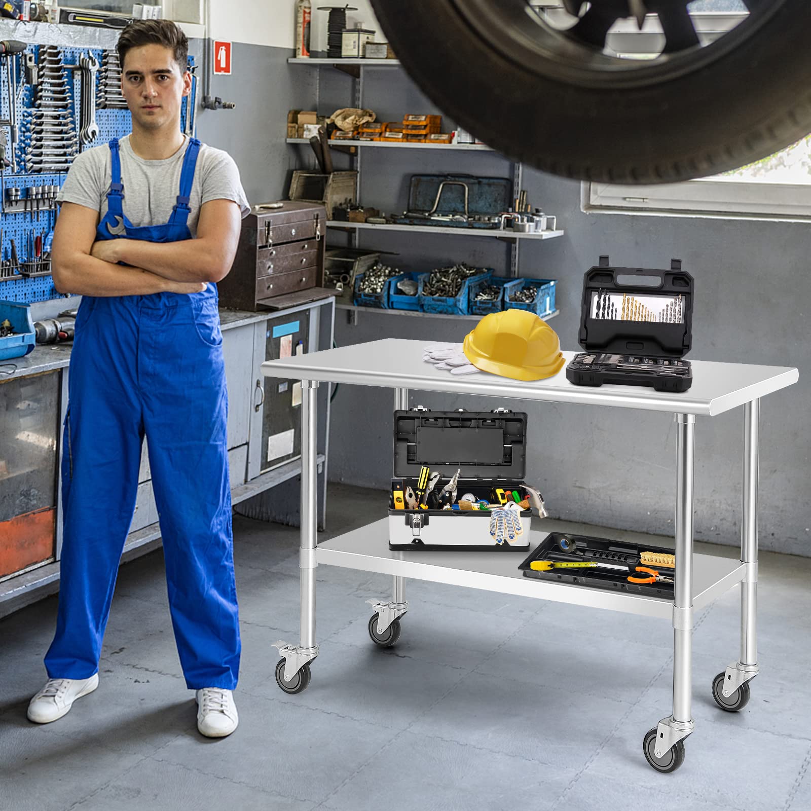 GIANTEX Mesa de Acero Inoxidable con Ruedas Universales, Carrito de Trabajo con Sobremesa Amplia y Estante Inferior Ajustable, Mesa de Preparación de Metal Móvil para Cocina, Restaurante