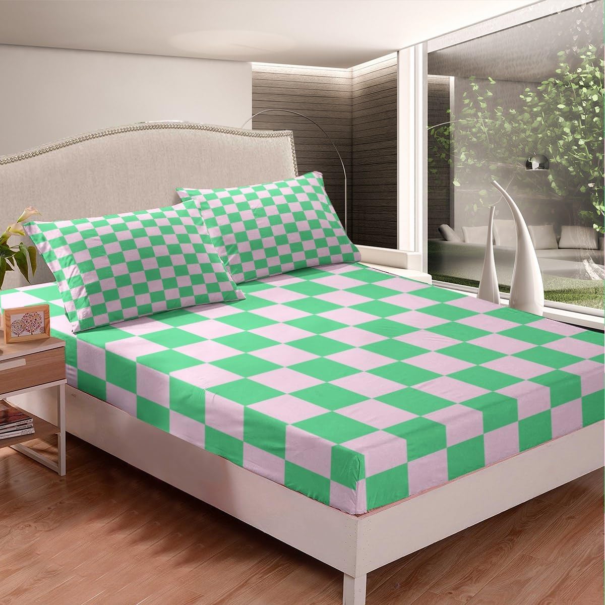 Geometric Plaids Patchwork Kids Sheet Twin Size,Abstract Grids Checkerboard Boys Girls Bedding Set,Checkered Latticed Modern Pink Green Bed Sheet Set 3pcs(Fitted + Flat + 1 Pillowcase) - Image 4