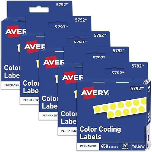 Avery Pegatinas de puntos de 14 de pulgada, 450 calcomanías amarillas por paquete, 5 paquetes, 2,250 etiquetas redondas en total (05792)