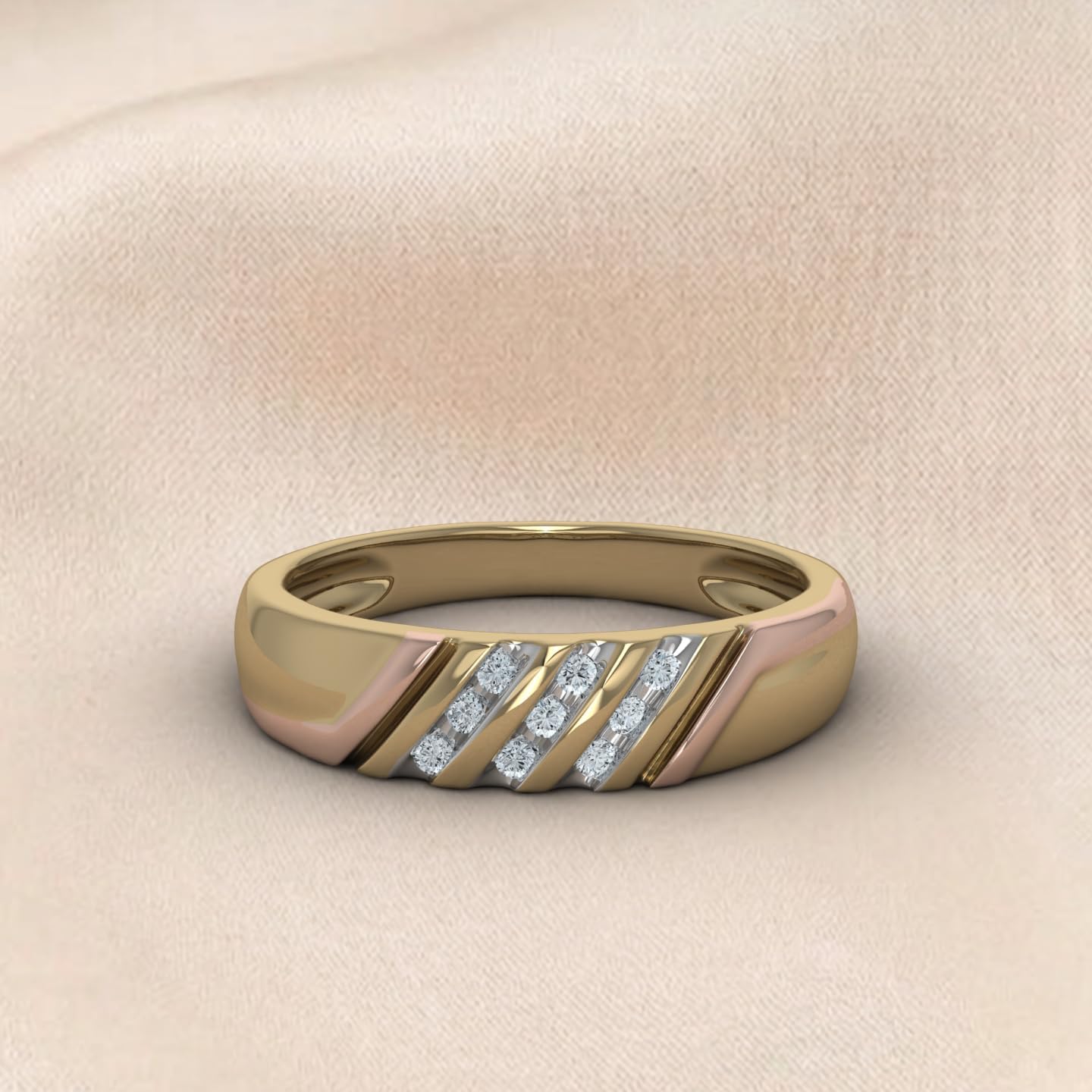 AFFY Men’s Round Cut White Natural Diamond Three-Row Wedding Band in 14K Gold Plated 925 Sterling Silver - Two-Tone Engagement Anniversary Ring Gift for Him (0.10 Cttw, I–J Color, I2–I3 Clarity)