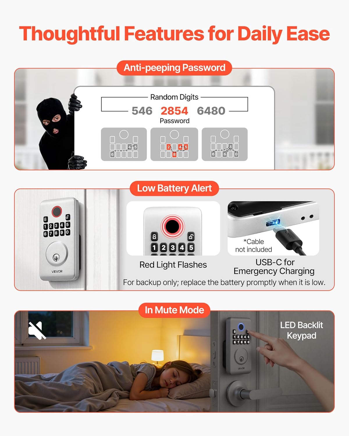 VEVOR Keyless Entry Door Lock with Handle Set, Electronic Keypad Deadbolt with Lever Handles, Pioneering Easy-Grip Design, Customizable User Codes, Keyed Entry, Auto Lock, Anti-Peeking, Silver