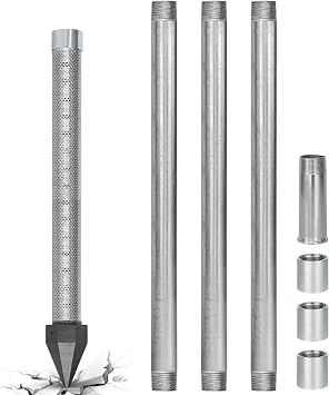 Well Drive Point Kit,1-1/4 Stainless Steel Well Point+3Pk 39" 1-1/4 Galvanized Drive Point Well Pipes,Heavy Duty Shallow Well Drilling Kit for Drive Sand Point Well&Soft Soil Well,36" Point 60 Gauze