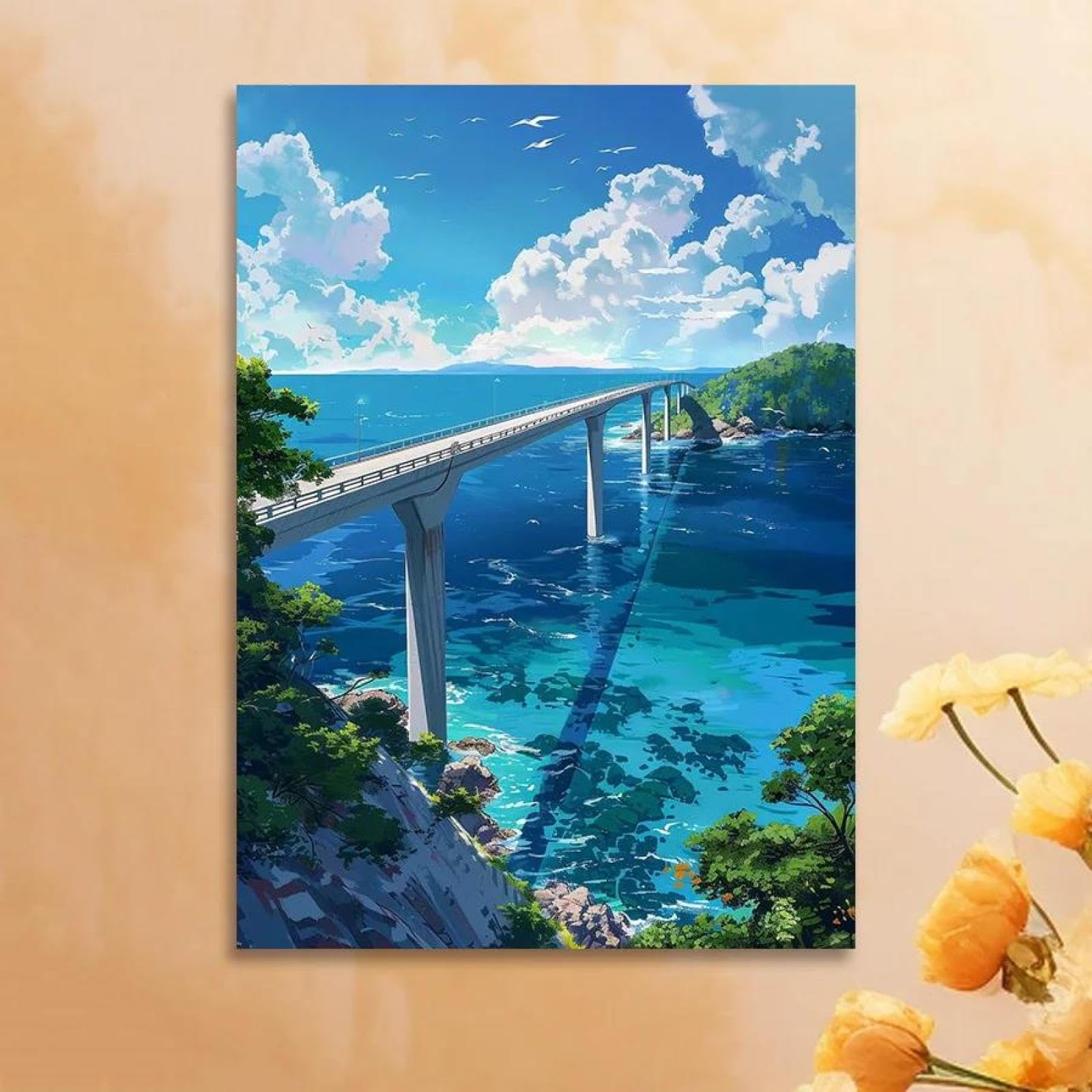 Yocheng Tranquil Coastal Bridge Scenery Canvas Print - Vibrant Blue Seascape With Lush Greenery 30x40cm No Frame