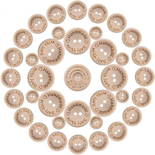 300 piezas de madera hechas a mano con amor, decoración redonda para manualidades, 2 agujeros, botones de costura de madera (15,20,25 in)