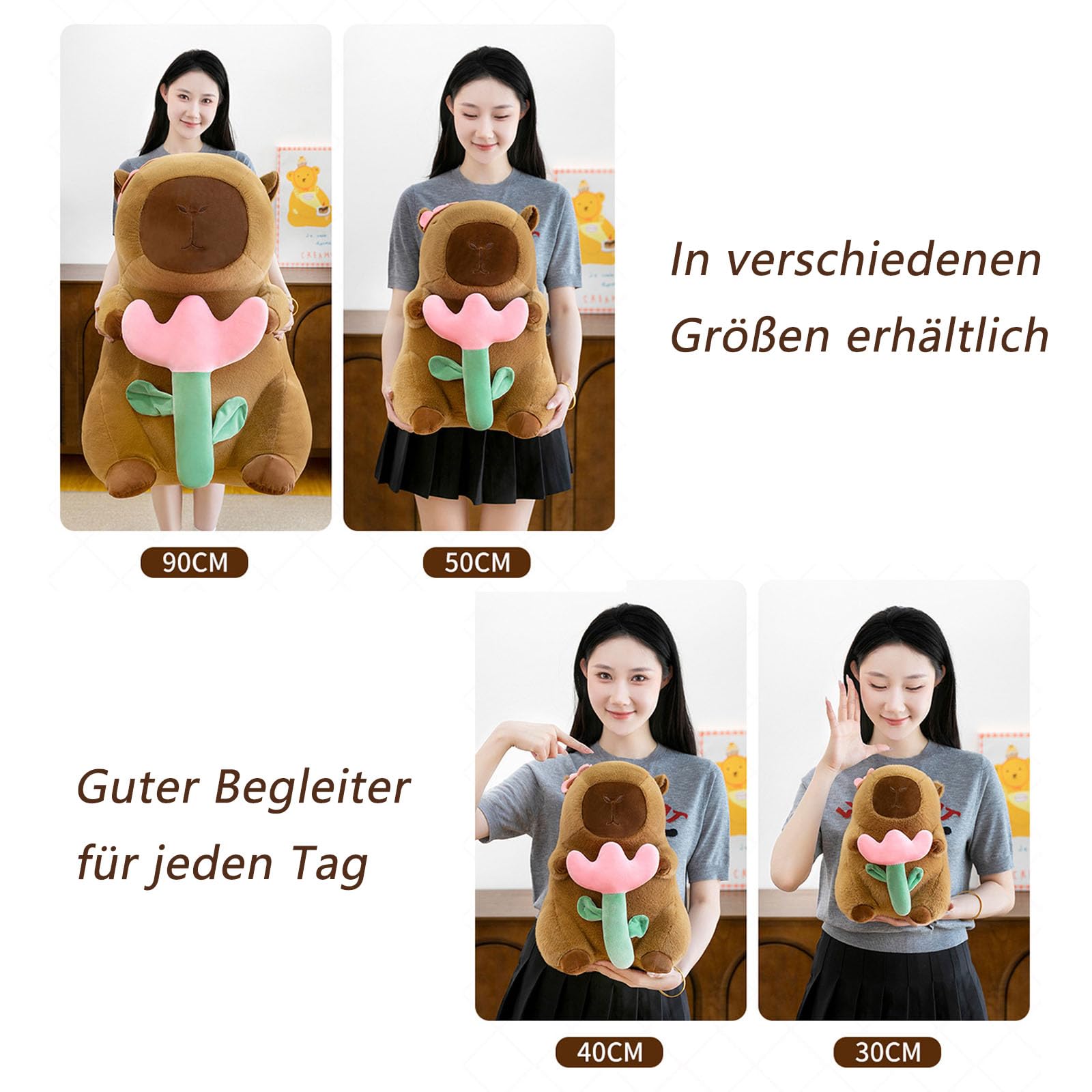 Capybara Plüschtier mit Blume, weiches Wasserschwein Kuscheltier, kreatives Stofftier zum Kuscheln, Kinder & Erwachsene (90cm)